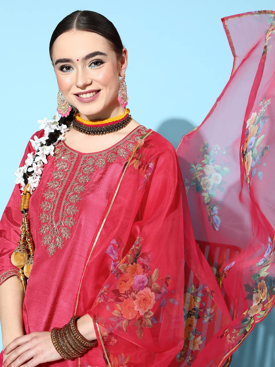 ishin Women's Pink Yoke Design A-Line Kurta with Toruser & Dupatta