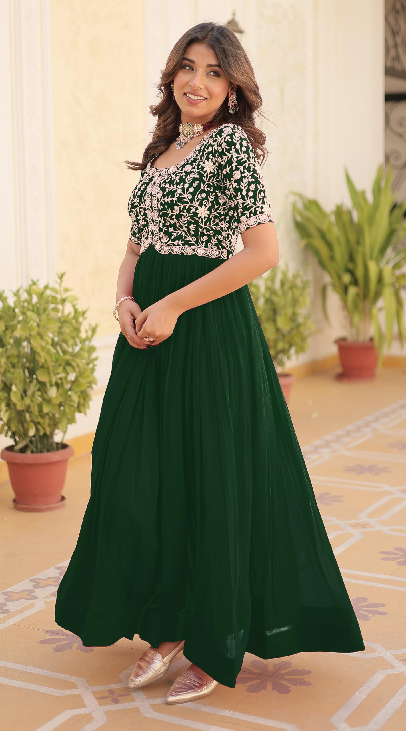 Fashion Basket Georgette Embroidered Anarkali Gown For Women Green