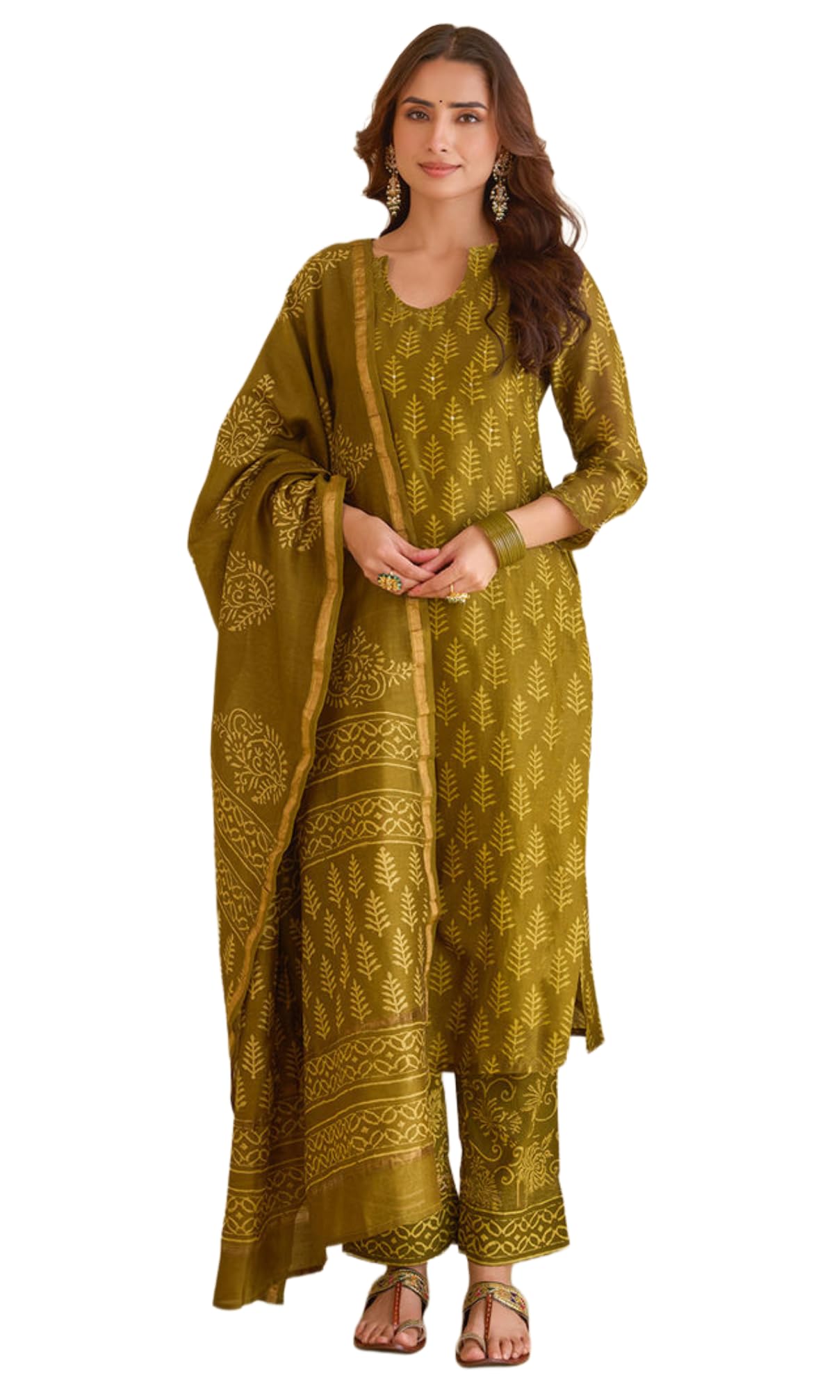 Anni Designer WomenS Viscose Blend Straight Printed Kurta With Pant & Dupatta (Karam Mehandi_Xxl_Mehandi_Xx-Large)
