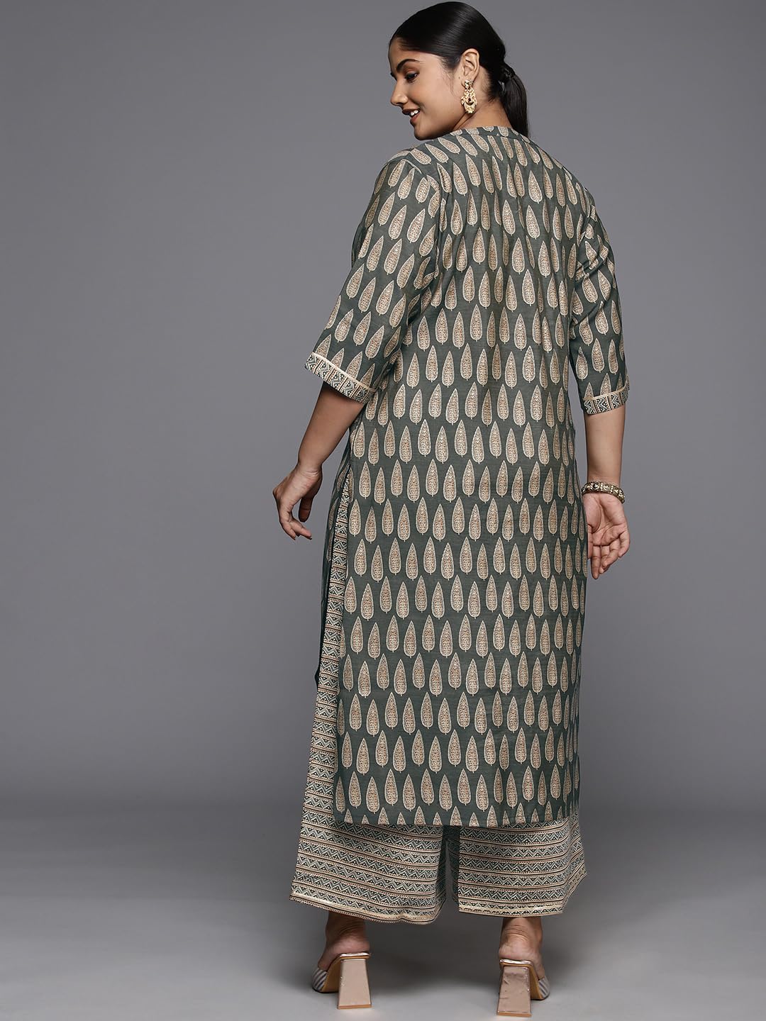 Extra Love By Libas Womens Printed Silk Blend Straight Kurta With Palazzos