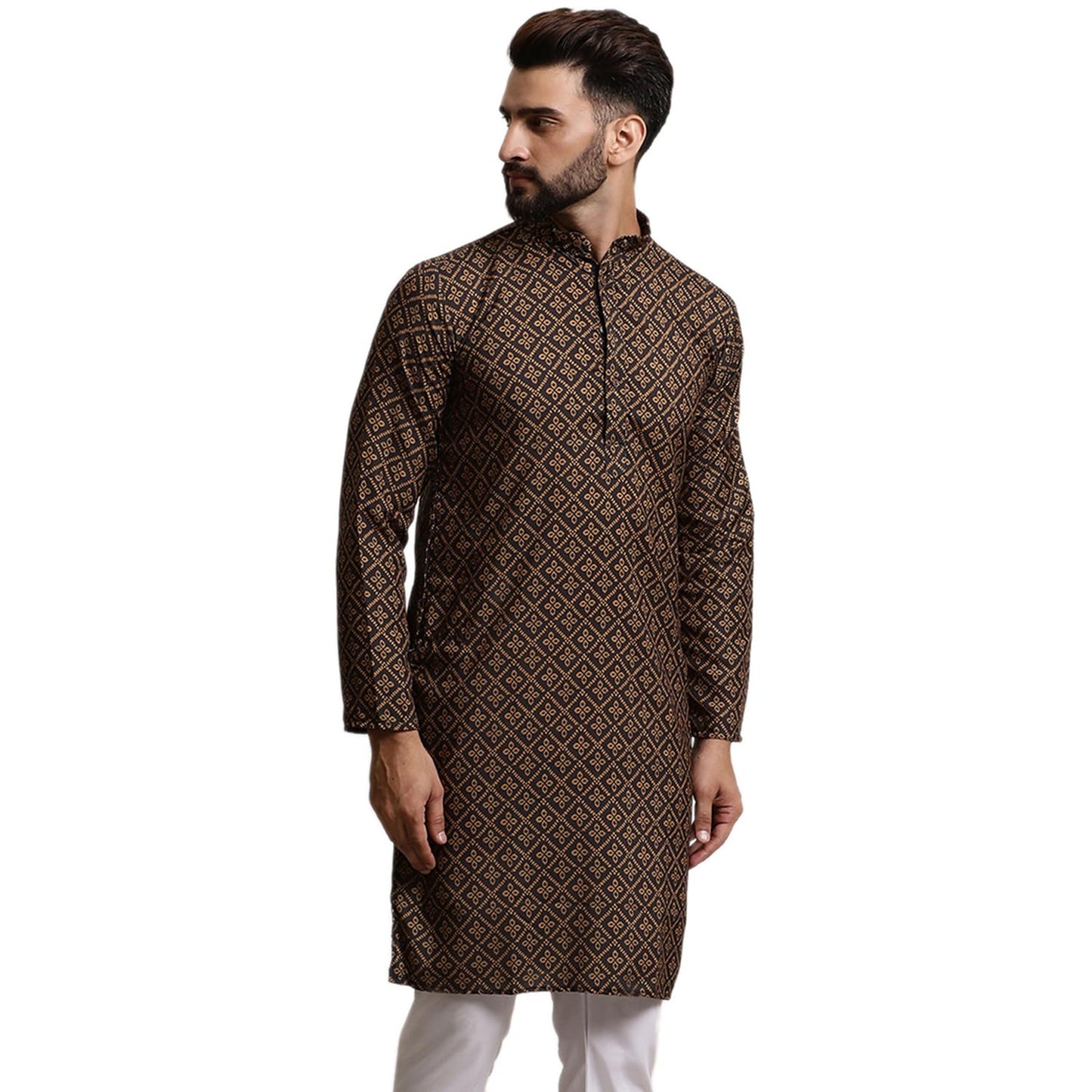 SOJANYA (Since 1958 Men's Pure Cotton Black & Mustard Printed Only Long Kurta