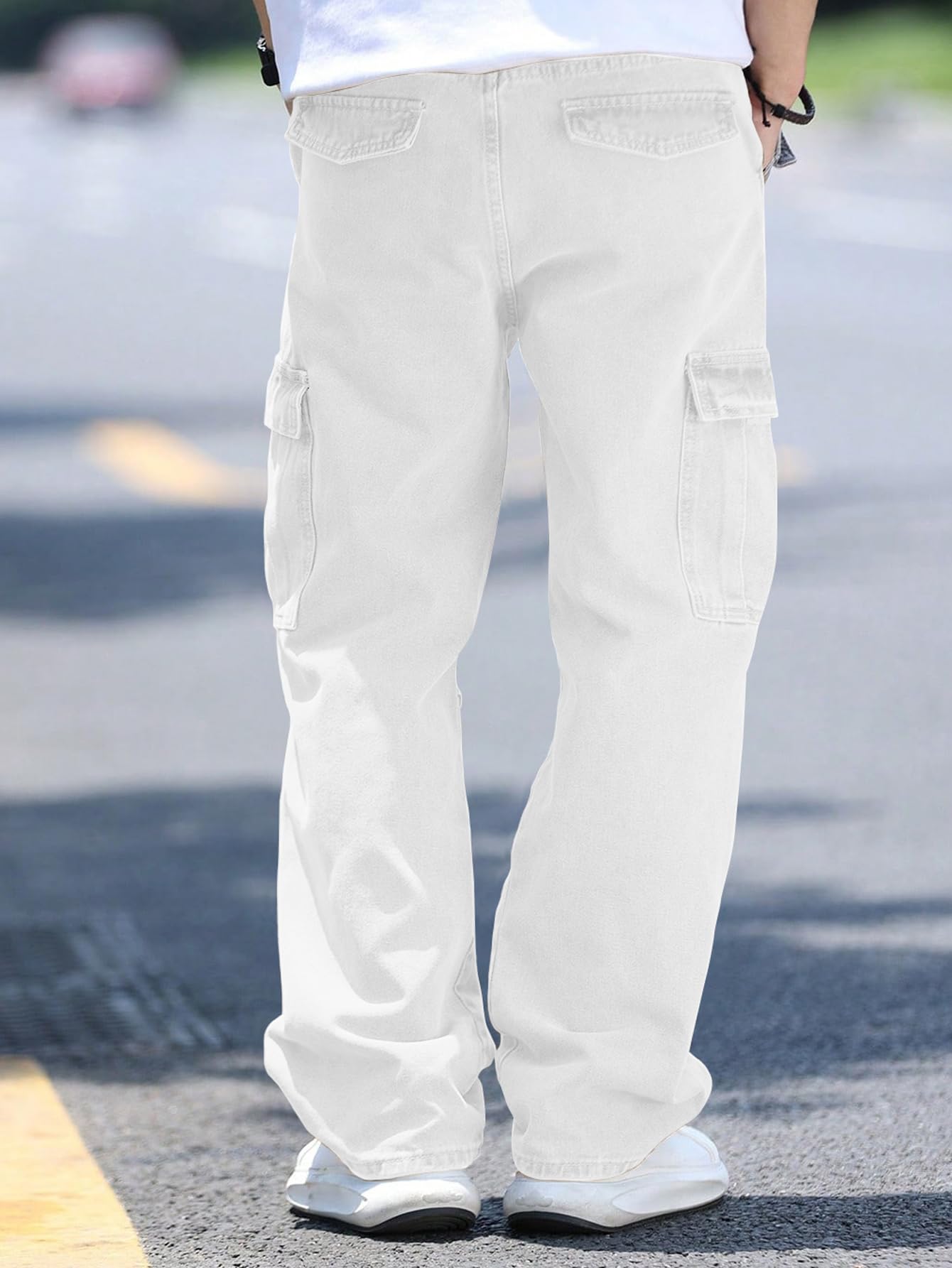 AVANOVA Mens White Cargo Jeans Slim Fit | Stylish Stretch Denim Trousers with Multi Pockets | Casual Wear Pants for Men | Comfor