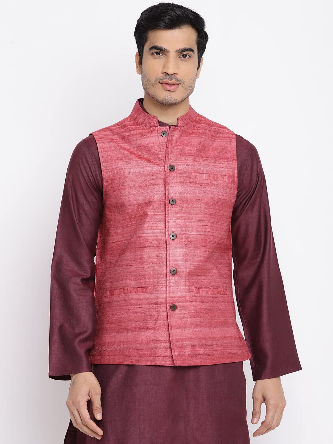 Fabindia Men Silk Regular Fit Nehru Jacket Pink_XS