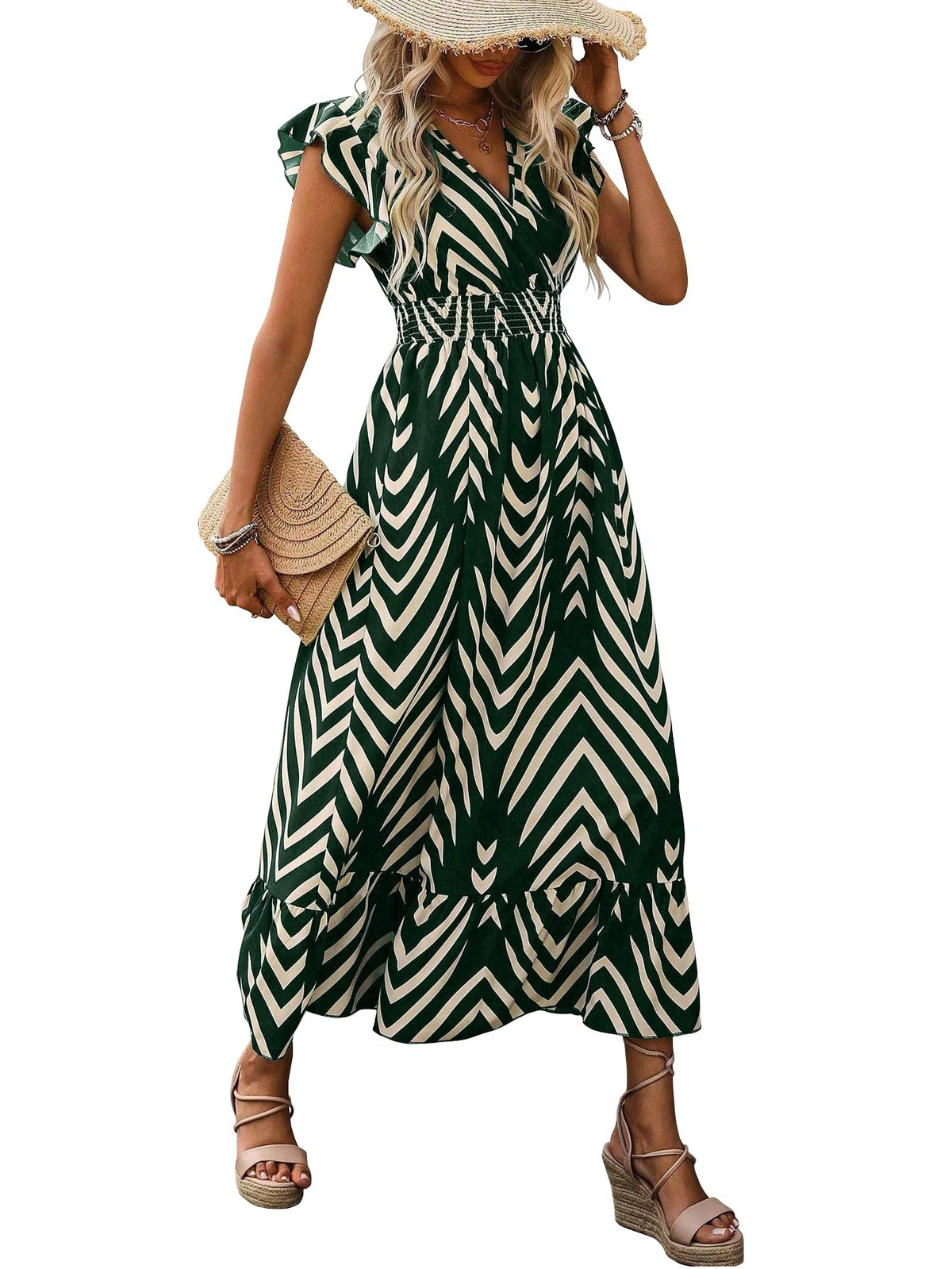 Shasmi WomenS & GirlS Green V-Neck Striped Printed Dress With Ruffled Hem And Belted Waist For Vacation, One Piece Dress For W