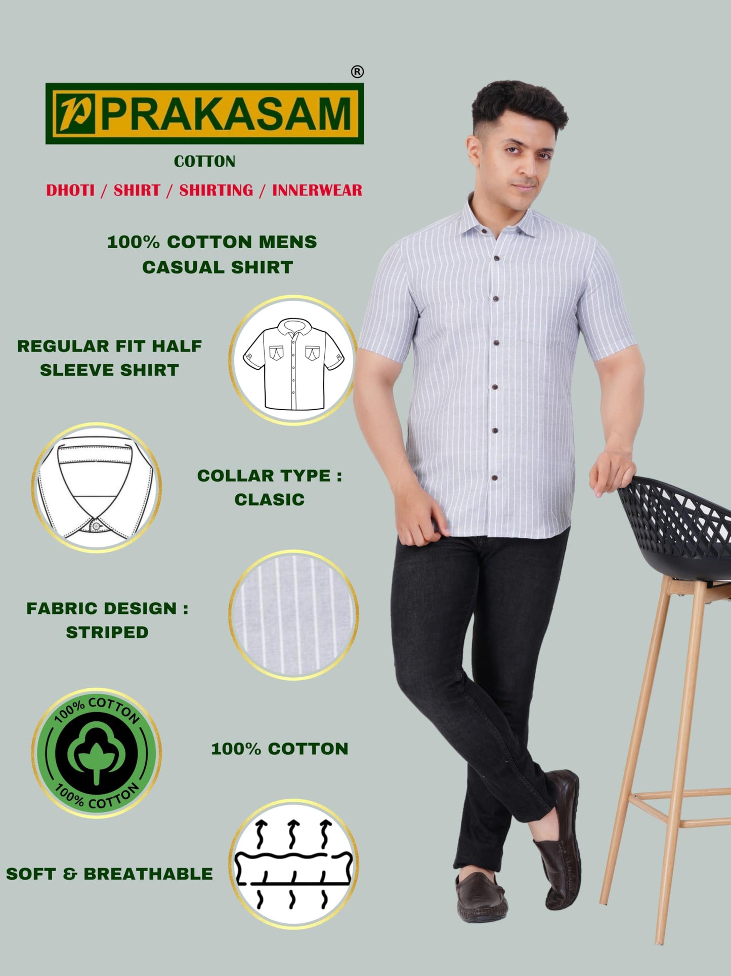 Mens Striped Regular fit Cotton Casual Shirt Grey