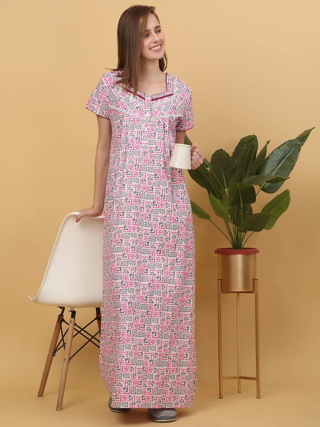 Sweet Dreams Women Printed Full Length Night Dress Pink