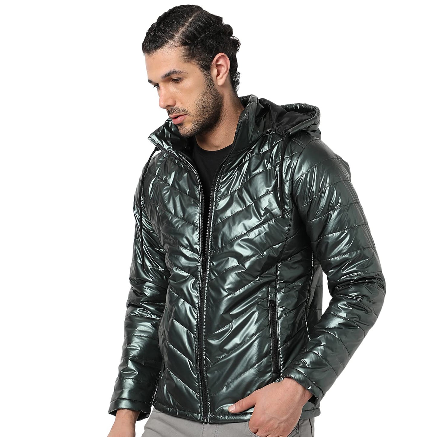 Campus Sutra Mens Metallic Green Quilted Puffer Regular Fit Bomber Jacket For Winter Wear | Hooded Collar | Full Sleeve | Zippe