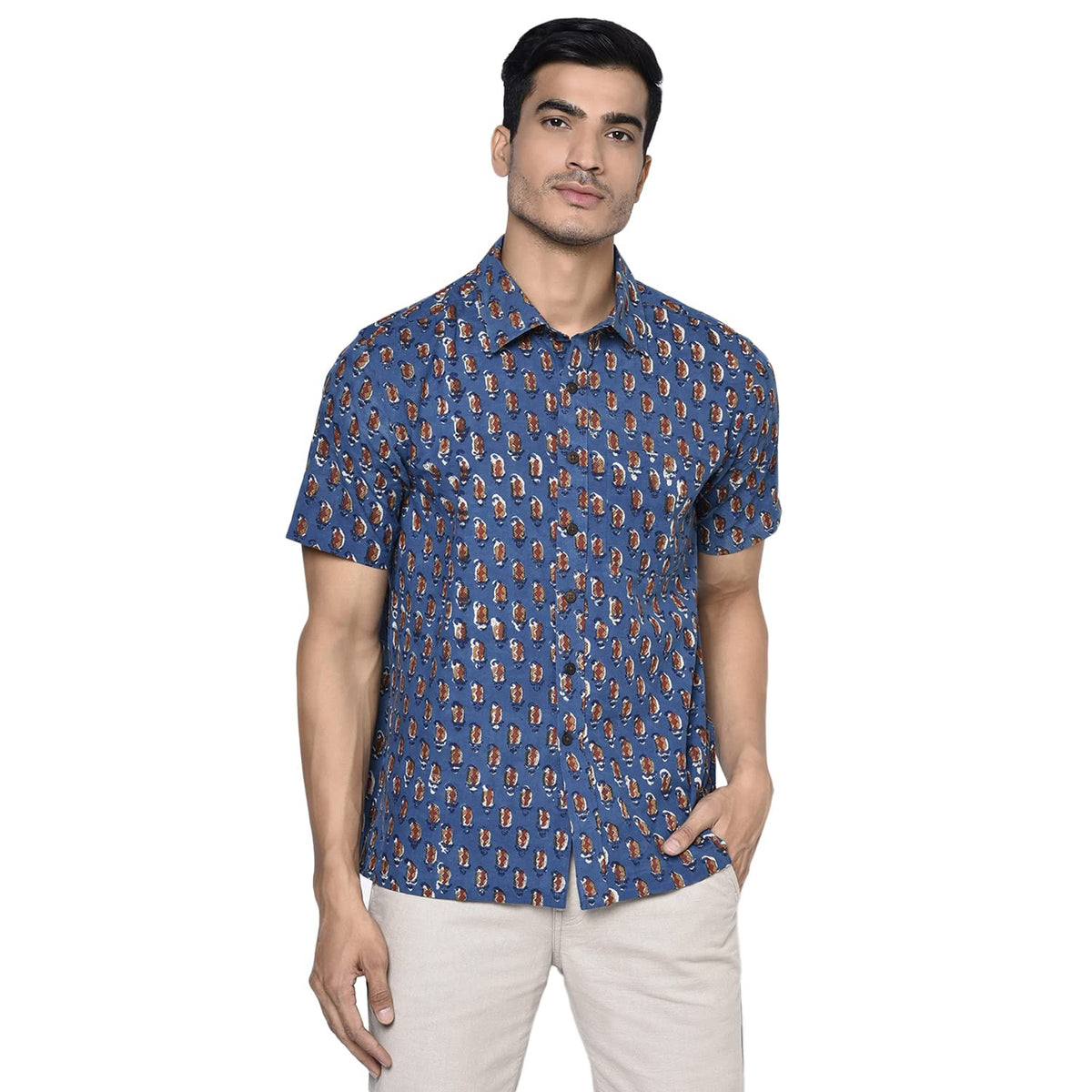 Fabindia MenS Printed Comfort Shirt_Dark Blue Xs
