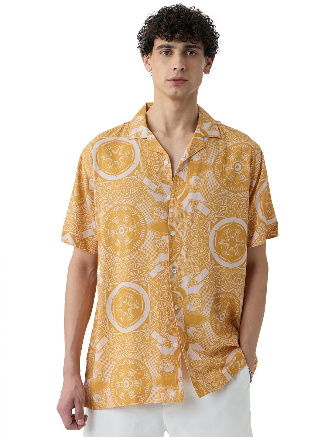 The Souled Store Minions: Kaleidoscope Men and Boys Short Sleeves Collared Neck Button Front Rayon Yellow All Over Printed Rayon