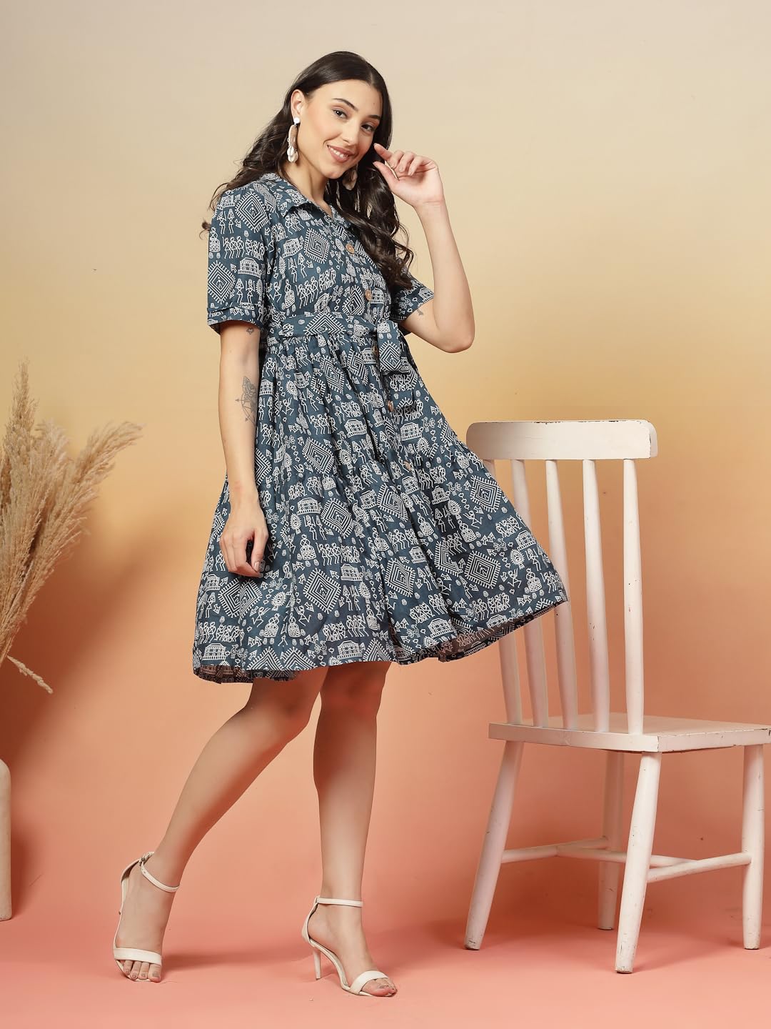 Stylum Womens Bagru Printed Cotton Flared Dress Blue