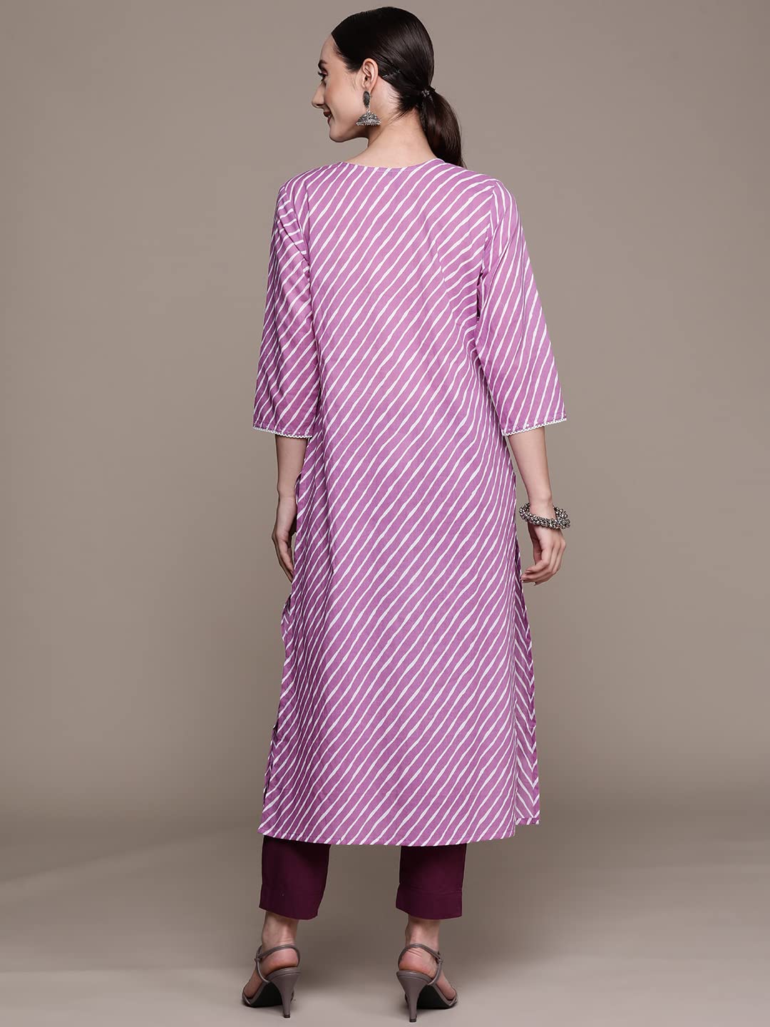 ishin Women's Cotton Blend Purple Leheriya Printed A-Line Kurta