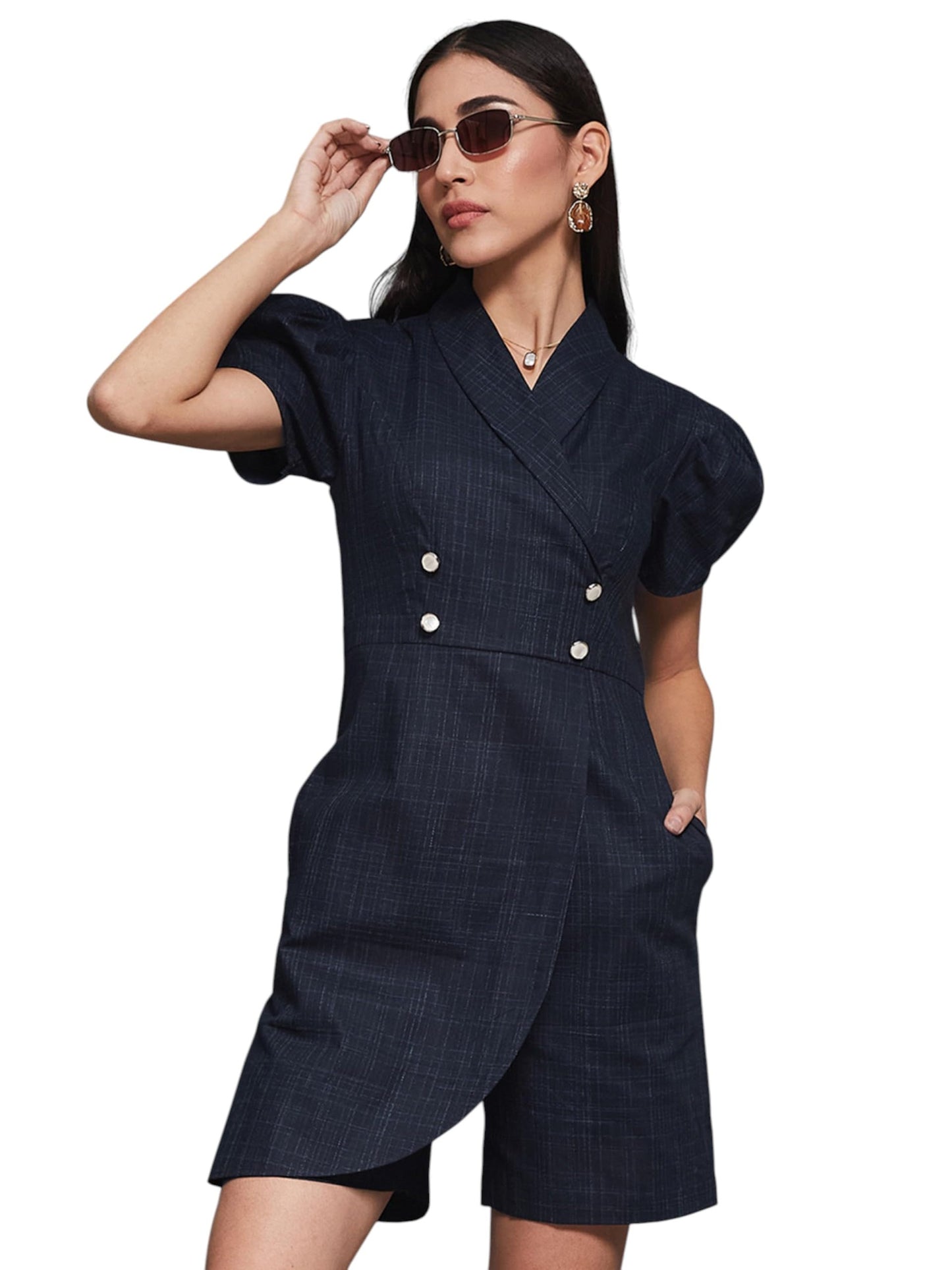 Miss Chase Womens Shawl Collar Half Sleeve Overlapped Knee Long Playsuit (MCAW24D19-64-71-05, Navy Blue, L)