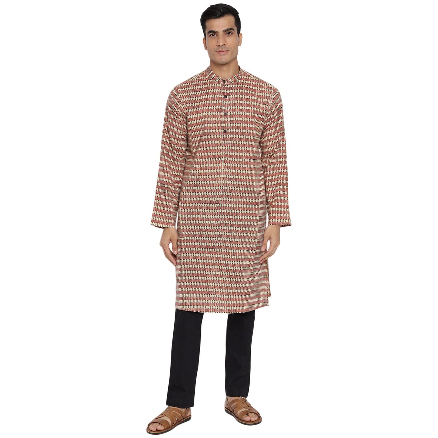 Fabindia MenS Cotton Slim Kurta_Beige-Red_44Cm/L