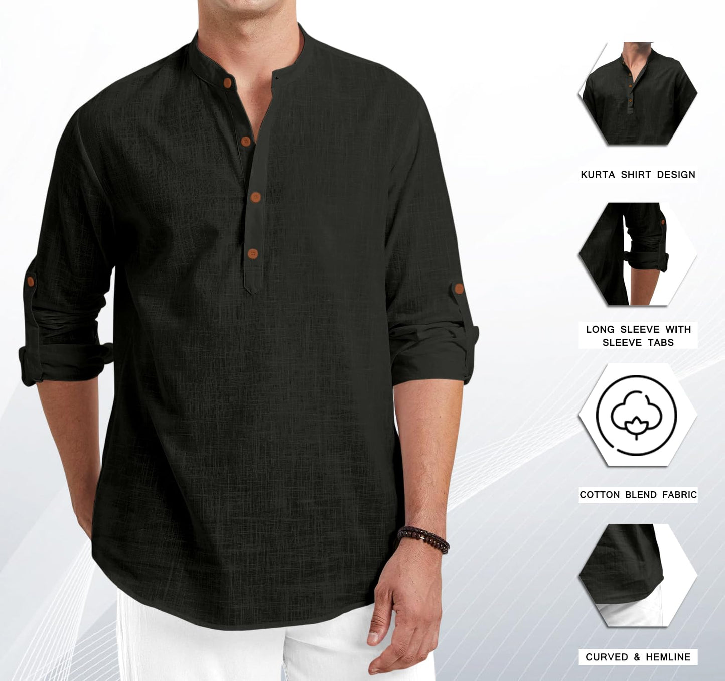 Royalscout Men Cotton Blend Full Sleeve Short Kurta Black
