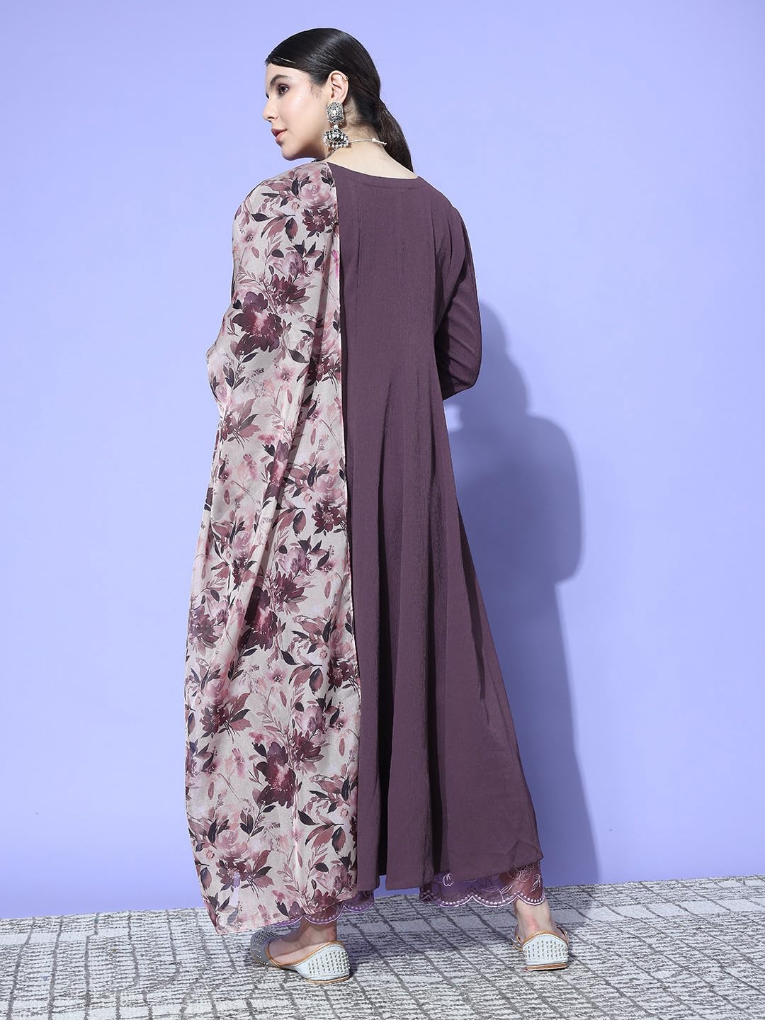 Varanga Women Purple Anarkali Kurta Paired With Tonal Hem Embroidered Bottom And Floral Printed Dupatta