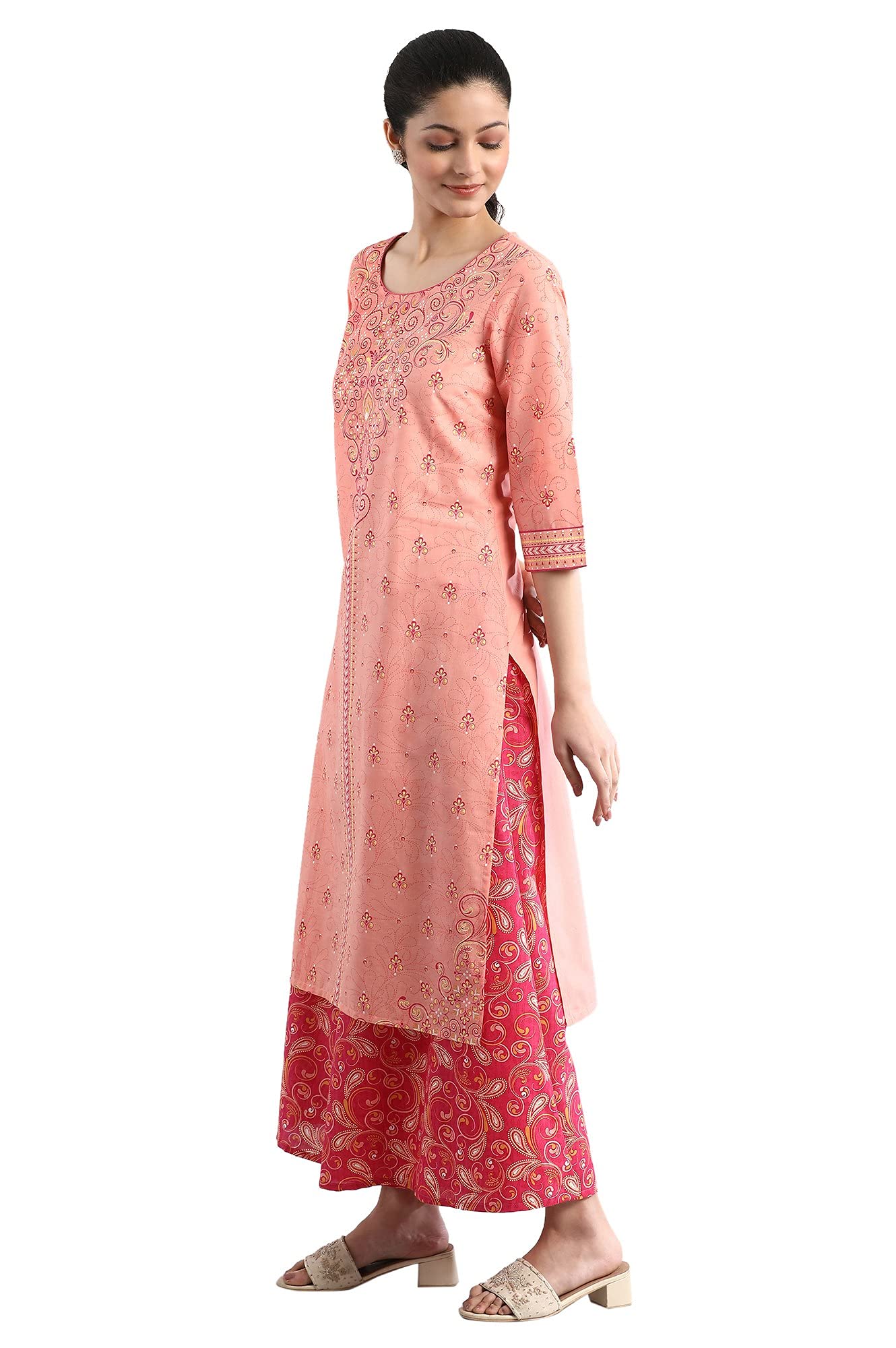 Aurelia Womens Peach Floral Printed Printed Cotton Regular Kurta
