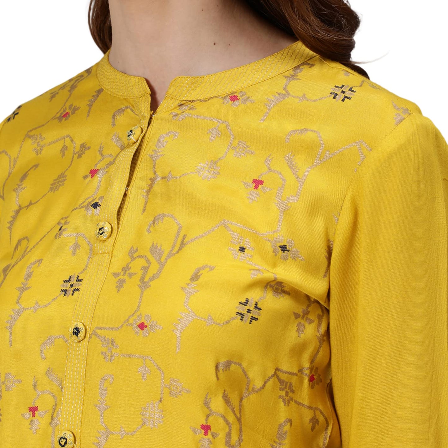 ishin Women's Silk Blend Embroidered Zari Yellow Floral Print A-Line Kurta suit set With Dupatta & Trouser
