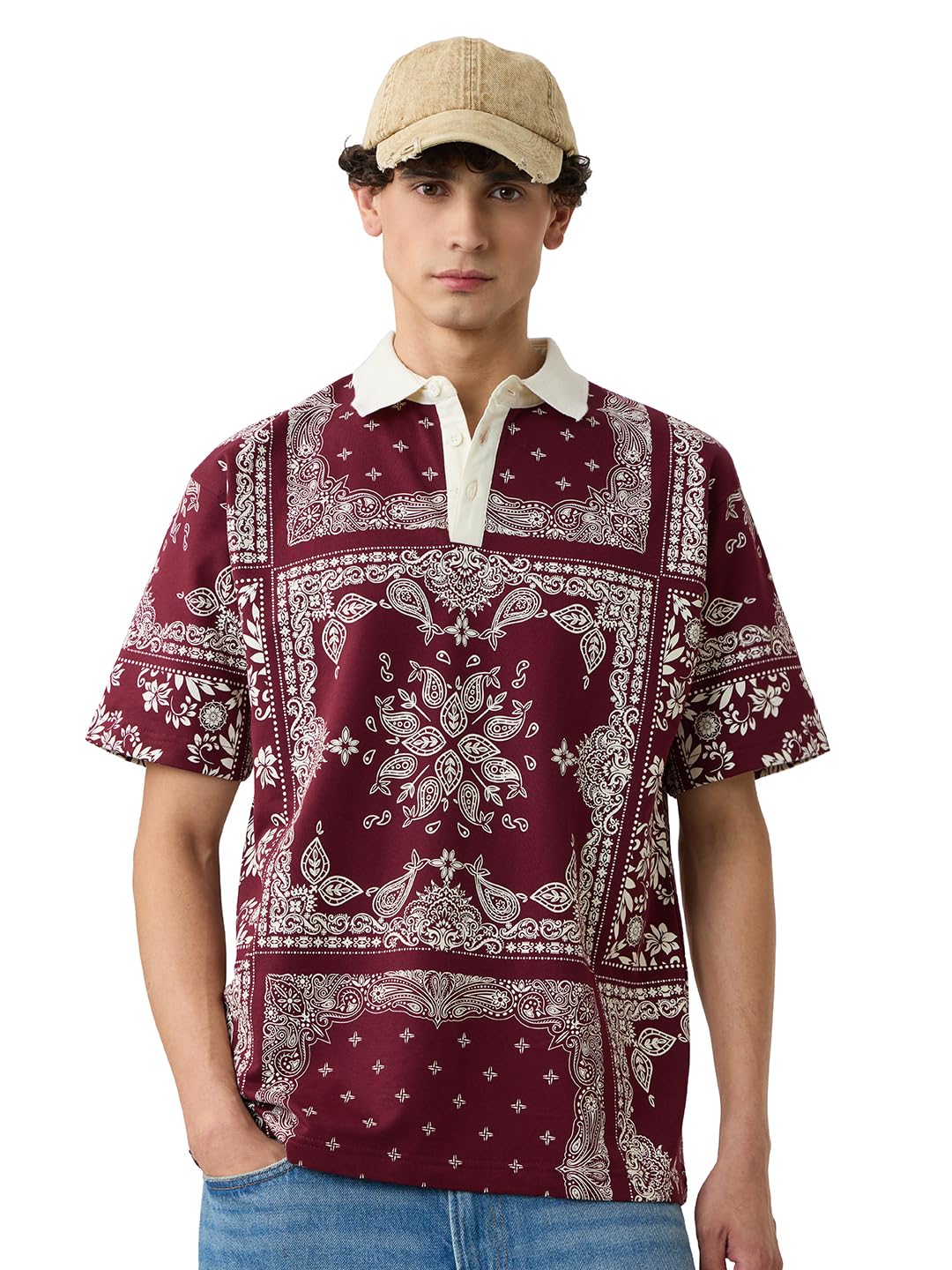 The Souled Store Paisley Men and Boys Short Sleeves Collared Neck Red All Over Printed Cotton Oversized Polos
