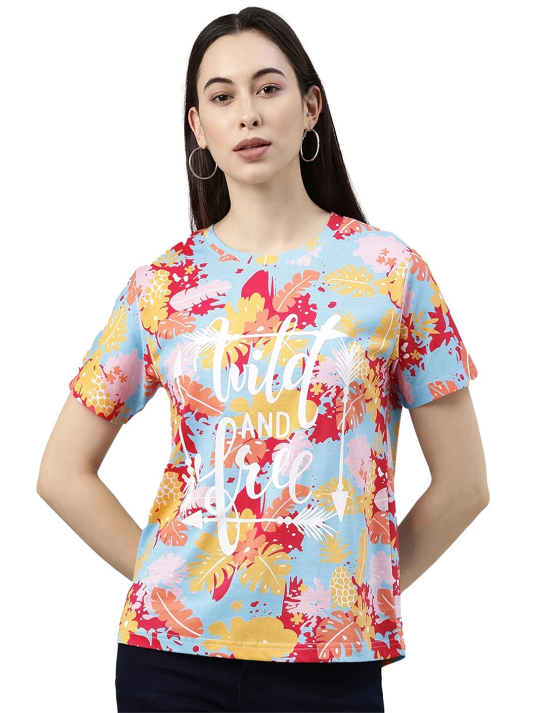 Juneberry Multicolour Cotton Round-Neck T-Shirt With Tropical Print For Women