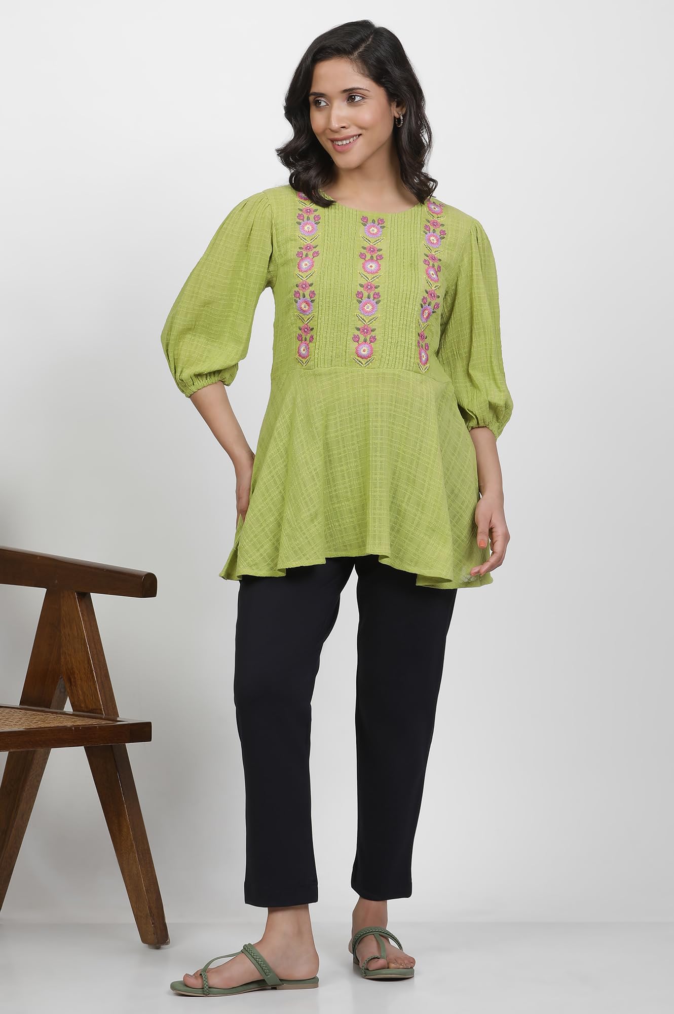 W for Woman Green Embroidered Print Cotton Straight Top