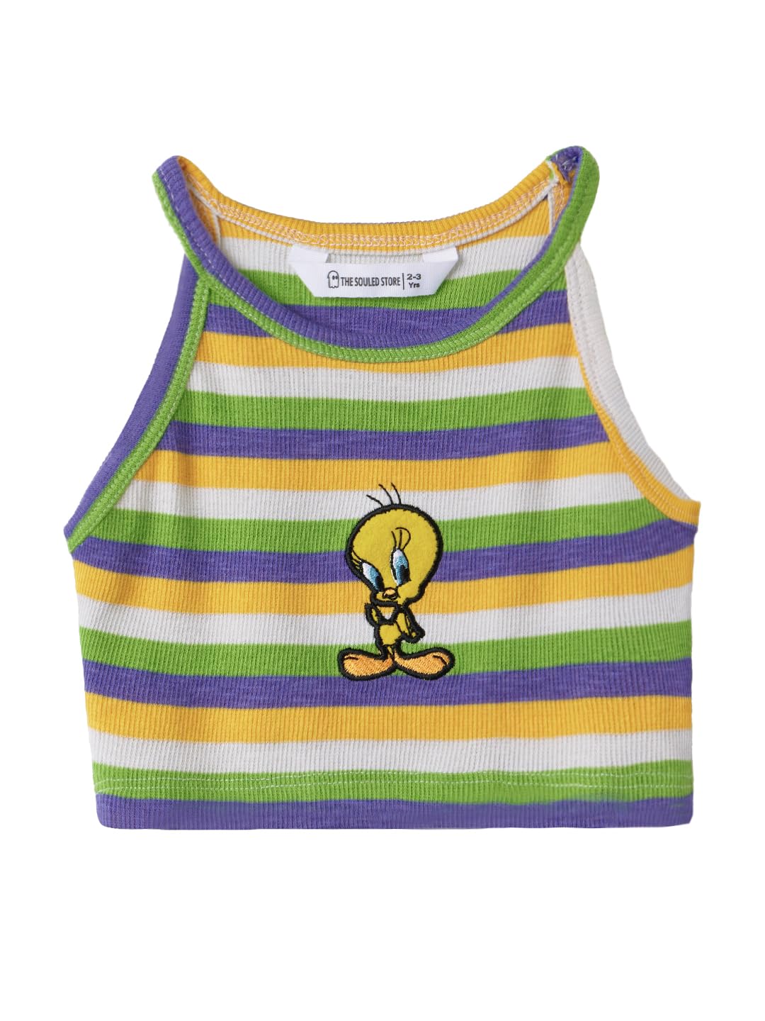 The Souled Store Official Looney Tunes: Sweety Tweety Girls Round Neck Sleeveless Cotton Blend Multicolor Striped Crop Tank Tops