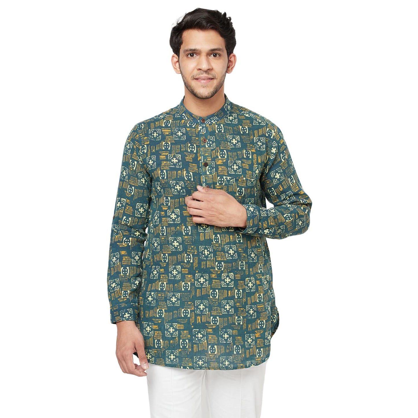 Fabindia Men Cotton Dabu Printed Slim Fit Short Kurta Green_S