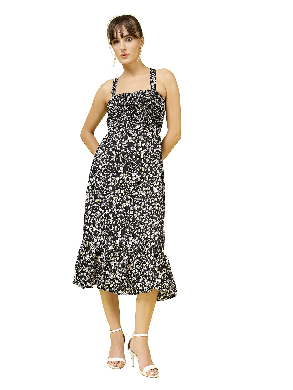 Oomph! WomenS Western & Fusion Wear Printed Crepe Dress For Women, Smocked Bodice, Black - Md1031