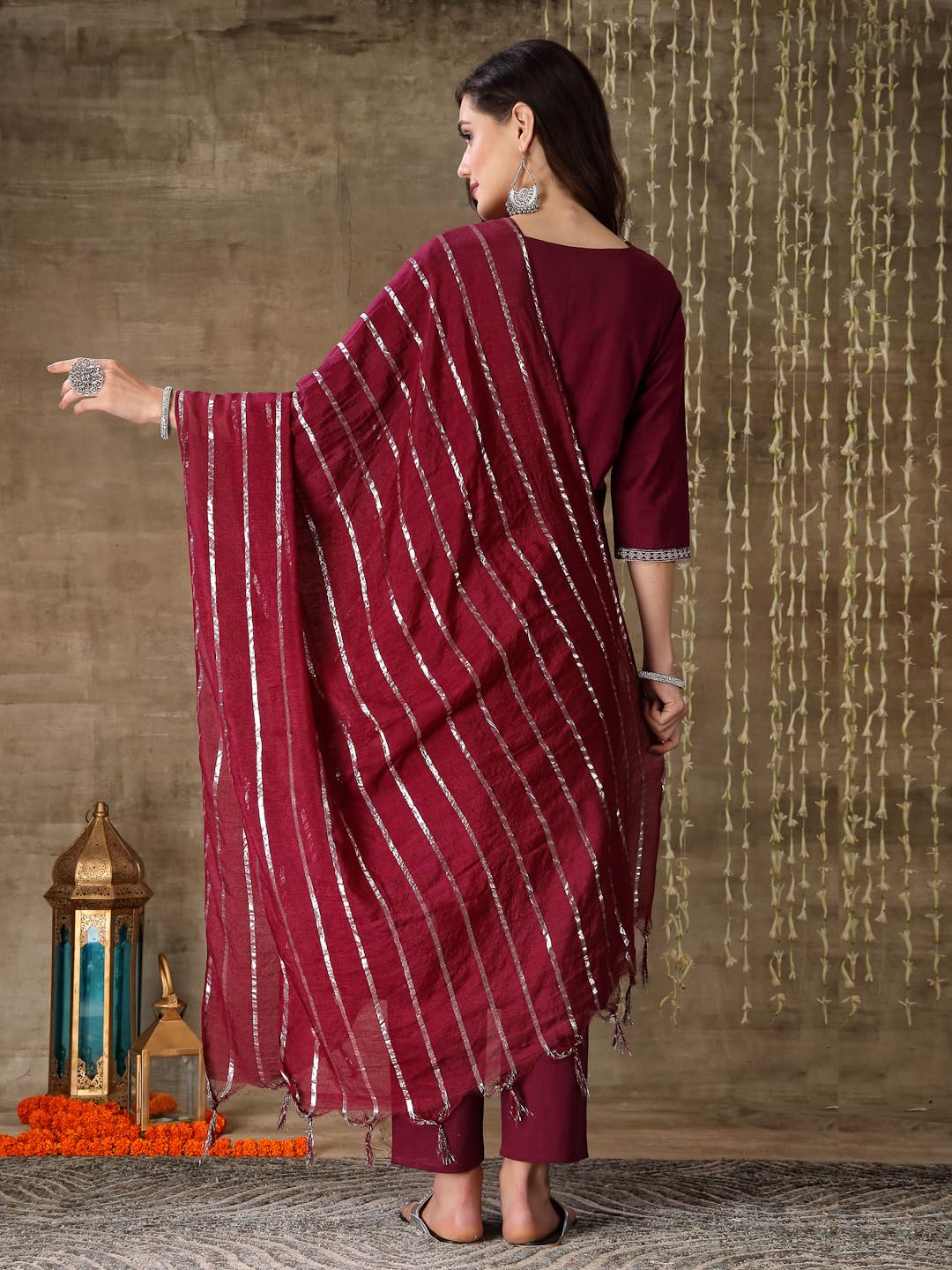 Stylum Women's Embroidered Cotton Straight Kurta Pant Dupatta Set (KPDWINELILA_Wine)