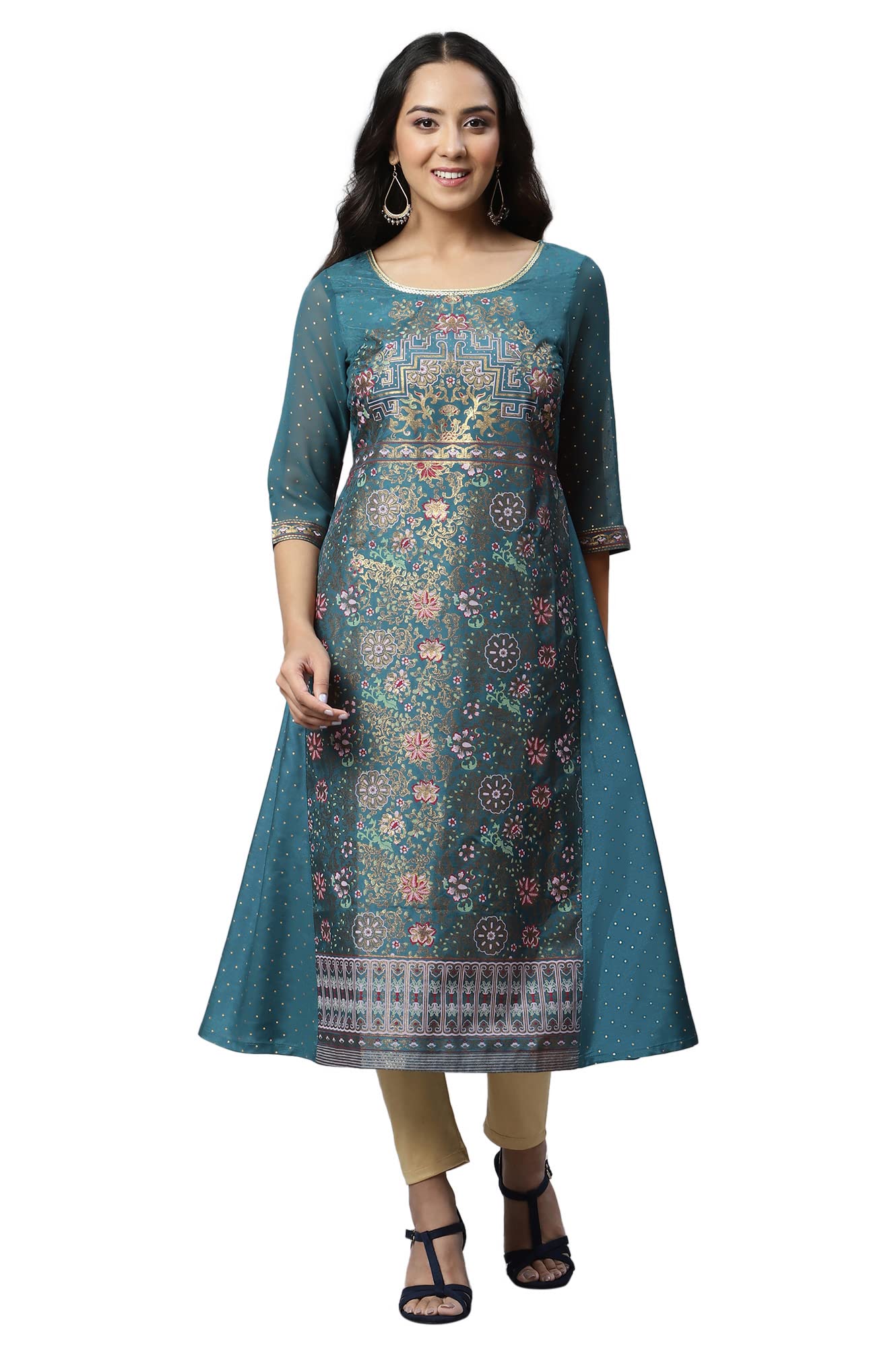 Aurelia Women's Blue Floral Printed Printed Sequin Regular Kurta