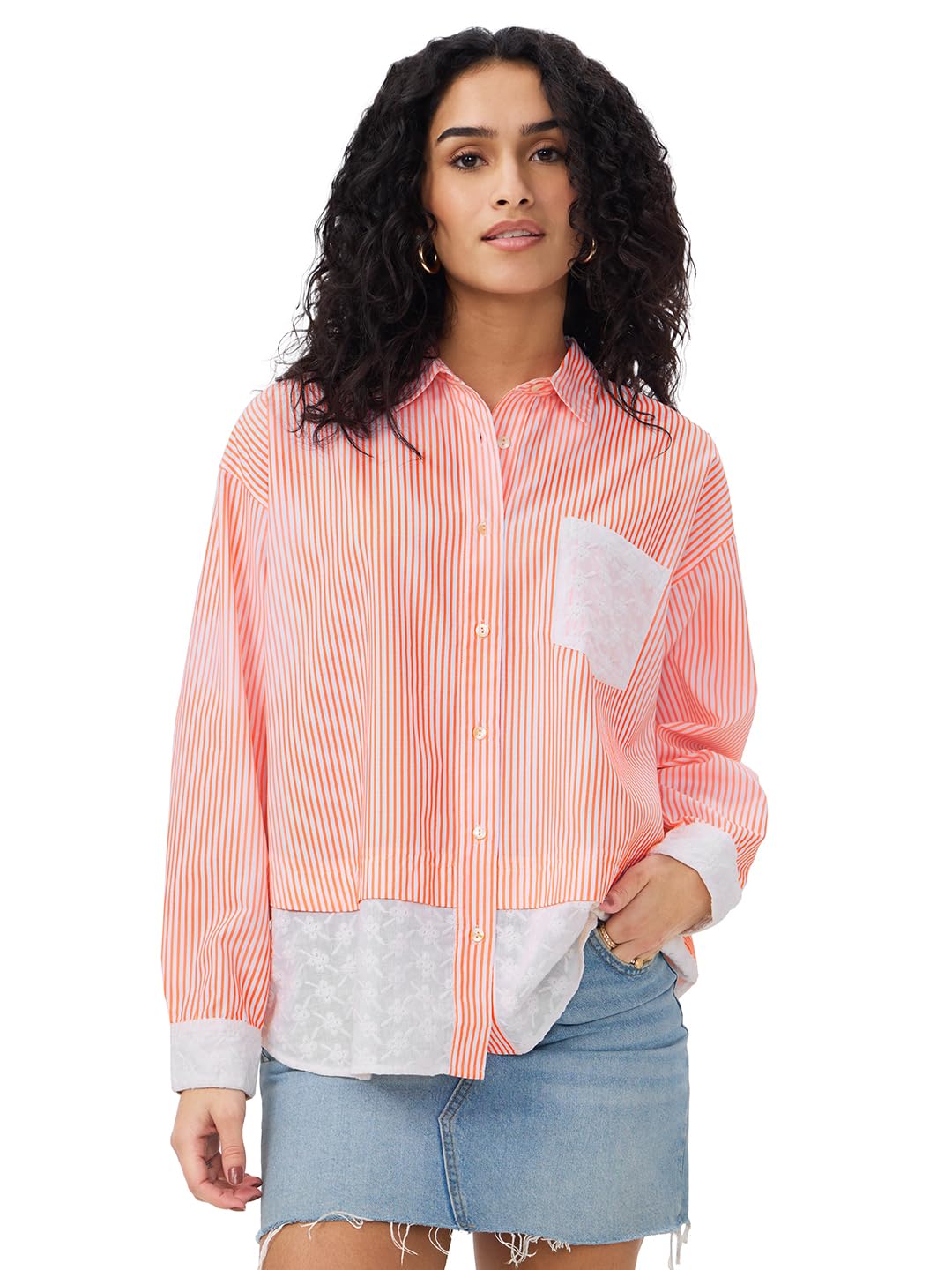 The Souled Store Oversized Stripe Shirt: Poppy Women and Girls Long Sleeves Collared Neck Button Front Cotton Boyfriend Shirts