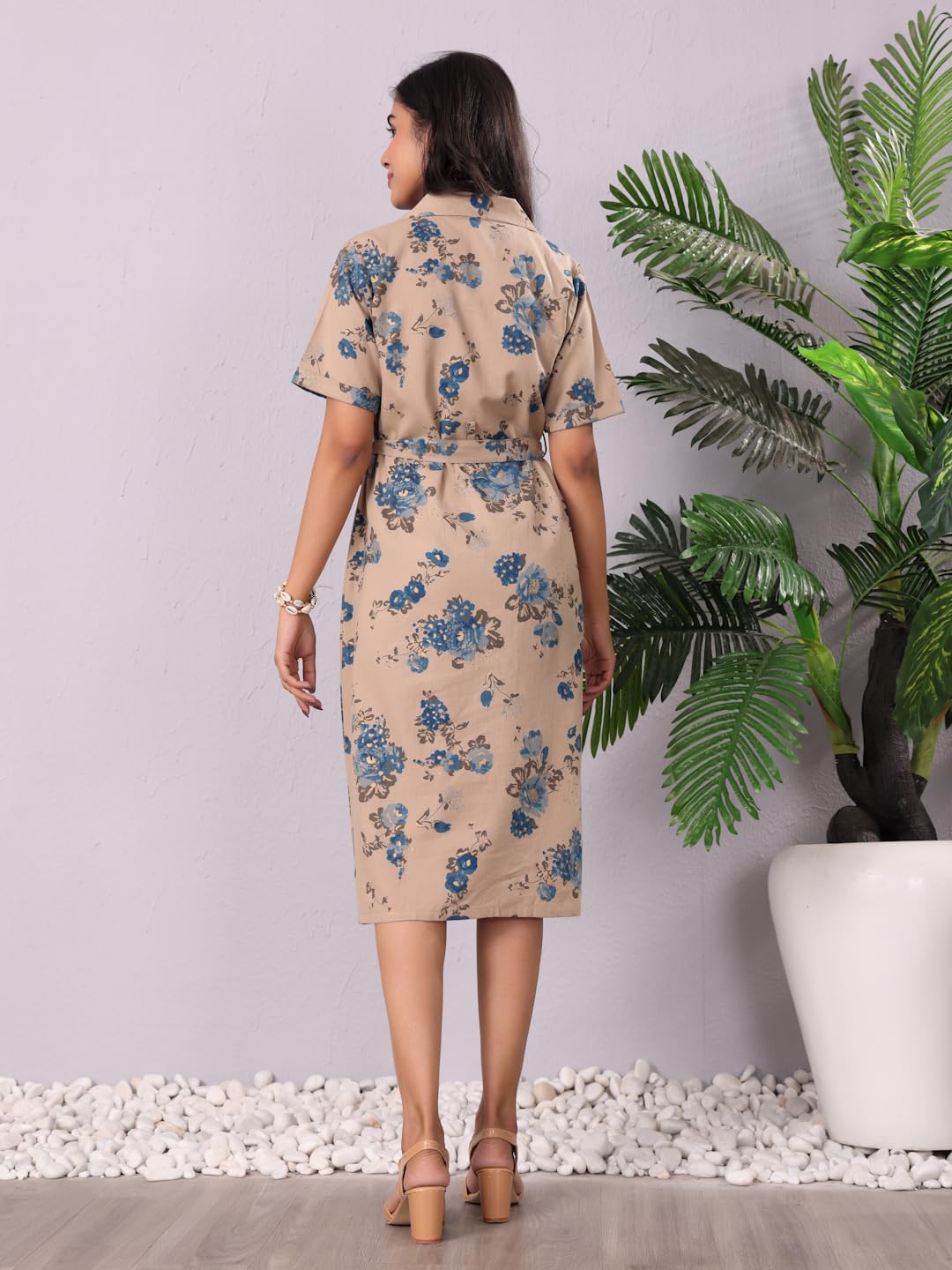 Varanga Women Floral Printed Shirt Dress Stylish, Comfortable, And Versatile For Casual And Semi-Formal Looks Beige