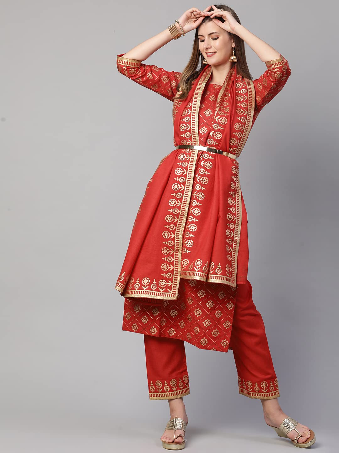 ANNI DESIGNER Women's Cotton Straight Kurta with Pant & Dupatta (KPTD-COT-10061-RED)