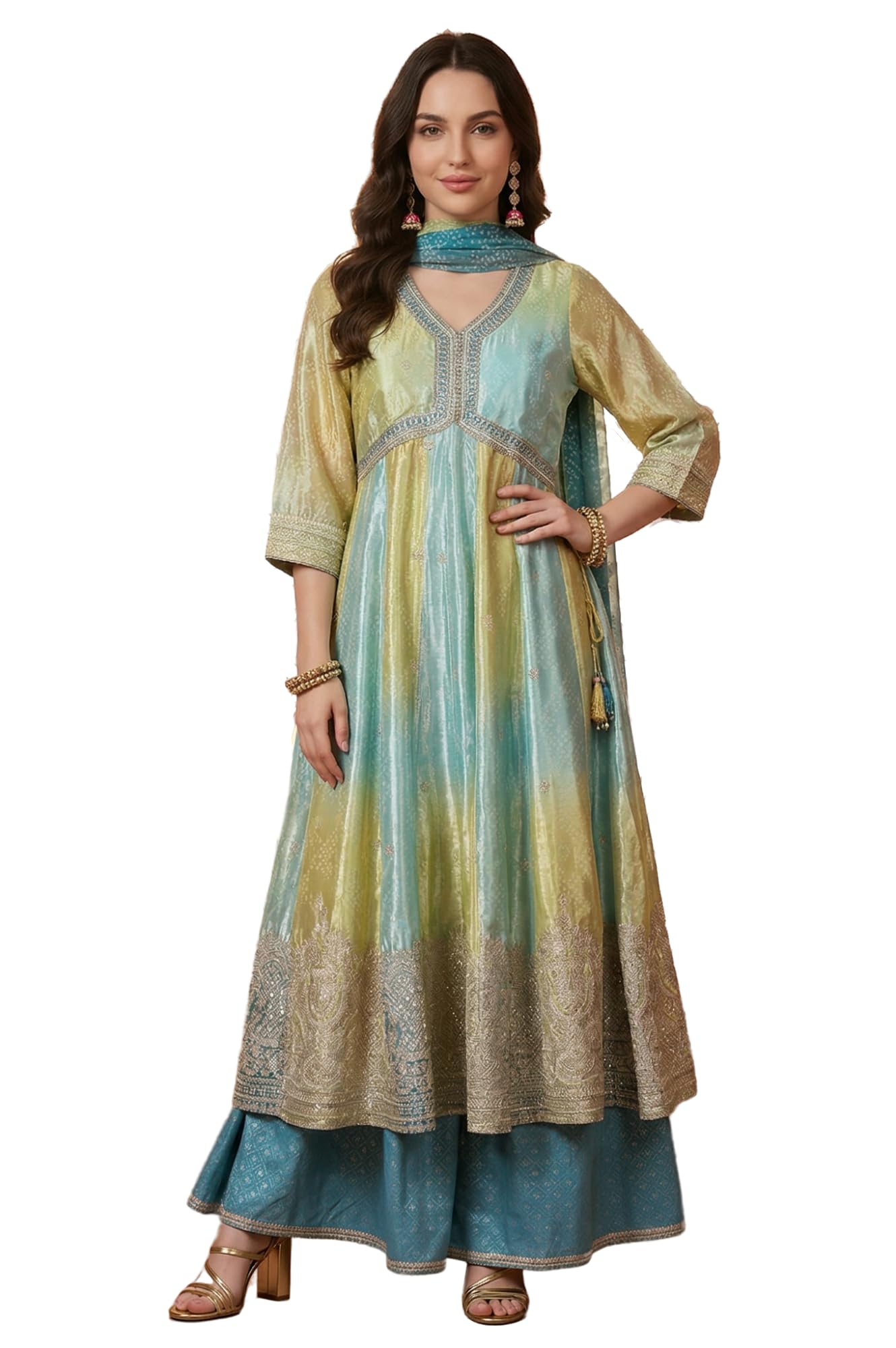 Aurelia Women'S Turquoise Blue And Lime Green Bandhani Zari Embroidered Anarkali Kurta With Palazzos & Dupatta Set - (Ad10762-E5