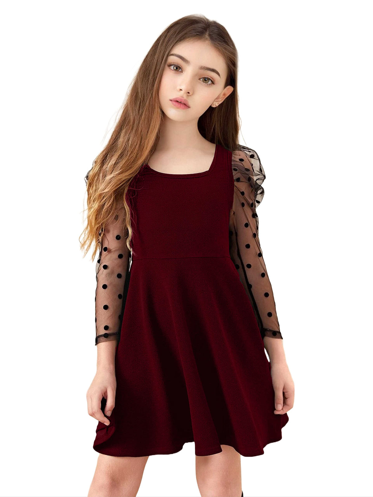 Kuduzo GirlS Cotton Blend Midi Dress With Long Net Sleeves Round Neck Solid Pattern Above Knee Length Regular Fit And Flare Mar