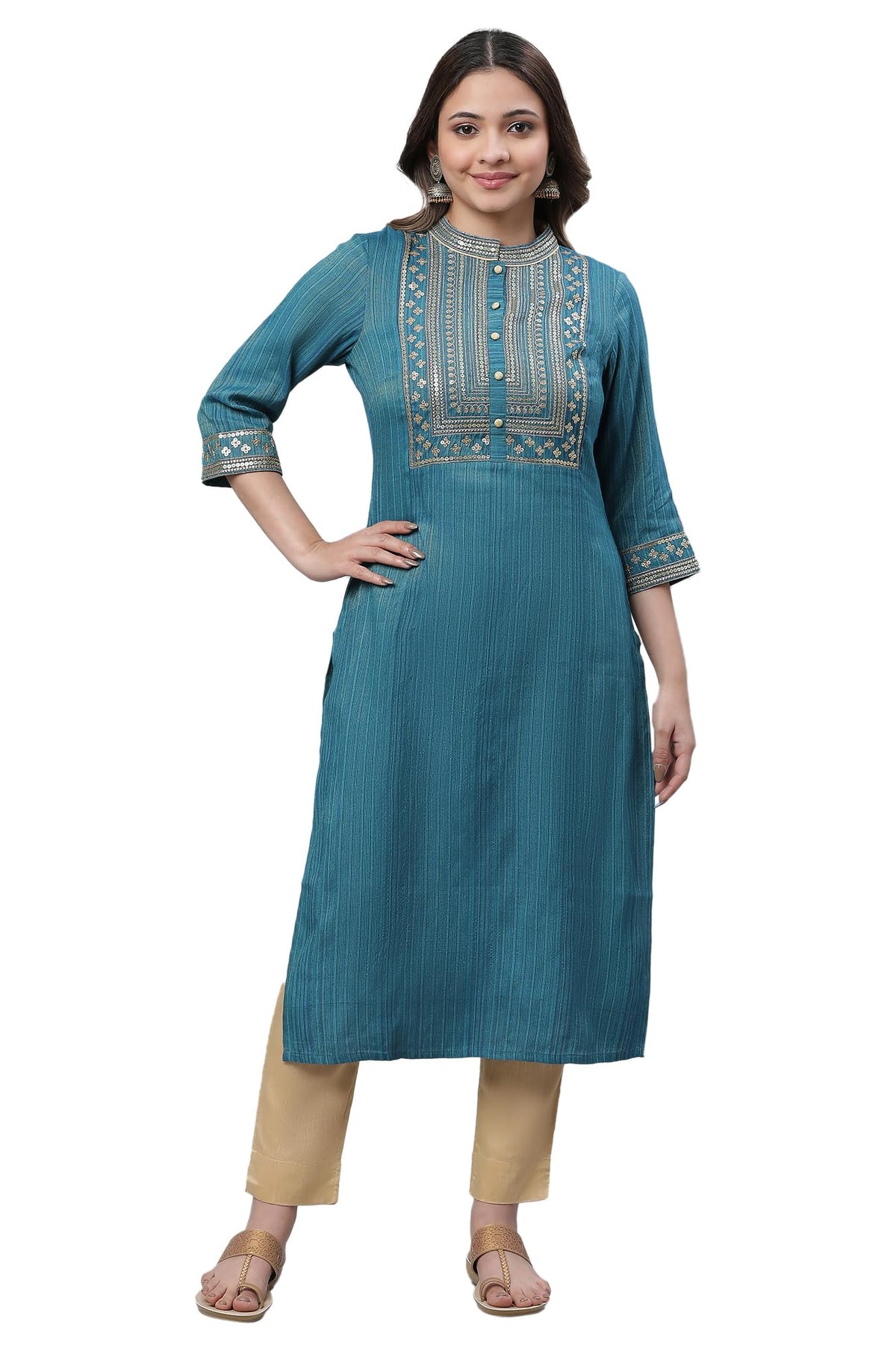 Aurelia WomenS Blue Embellished Lurex Stripes Kurta
