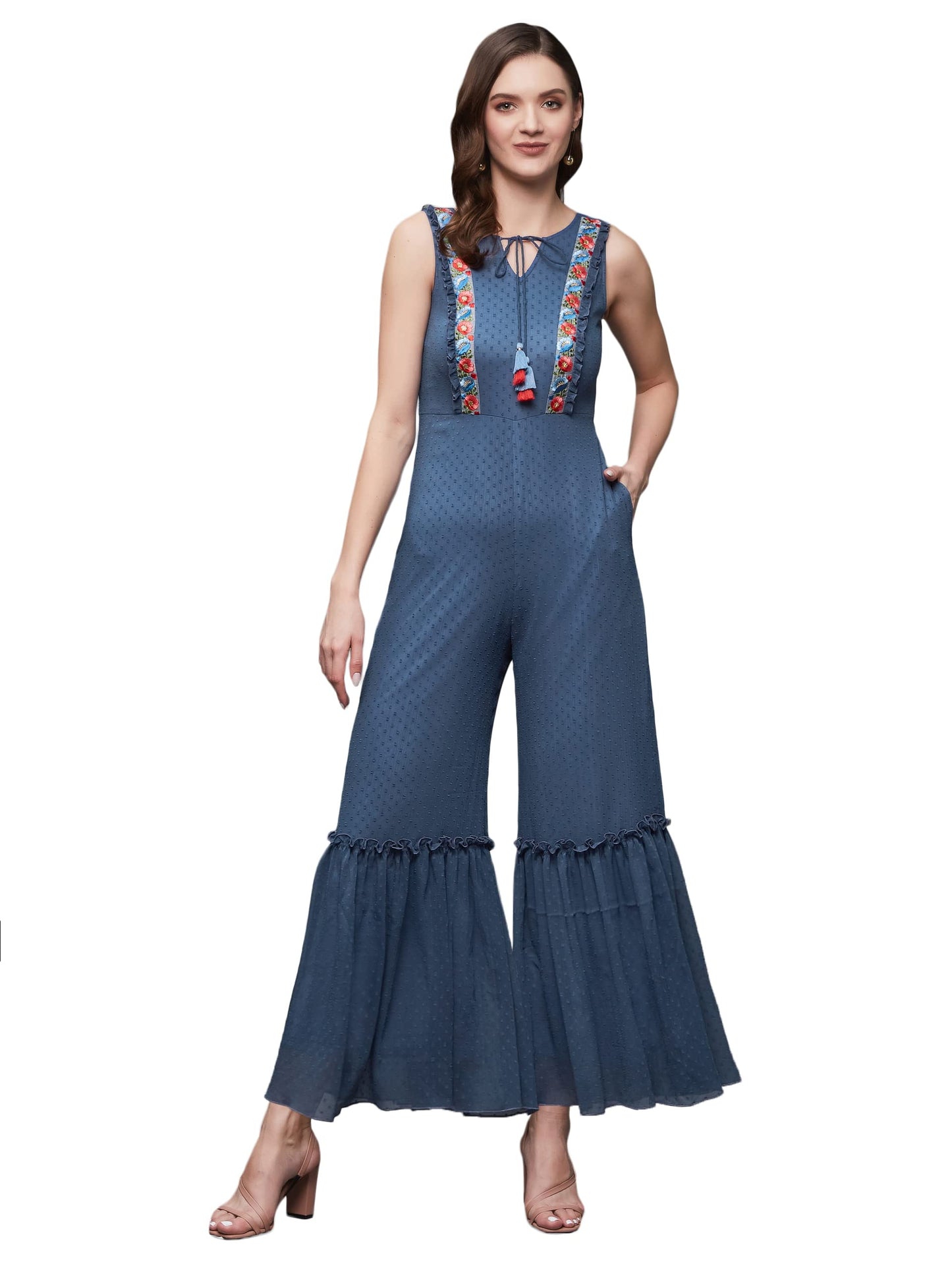 Miss Chase WomenS Azure Blue Keyhole Neck Sleeveless Self Designed Chiffon Tiered Regular Jumpsuit (Mcss23D15-72-205-06, Azure