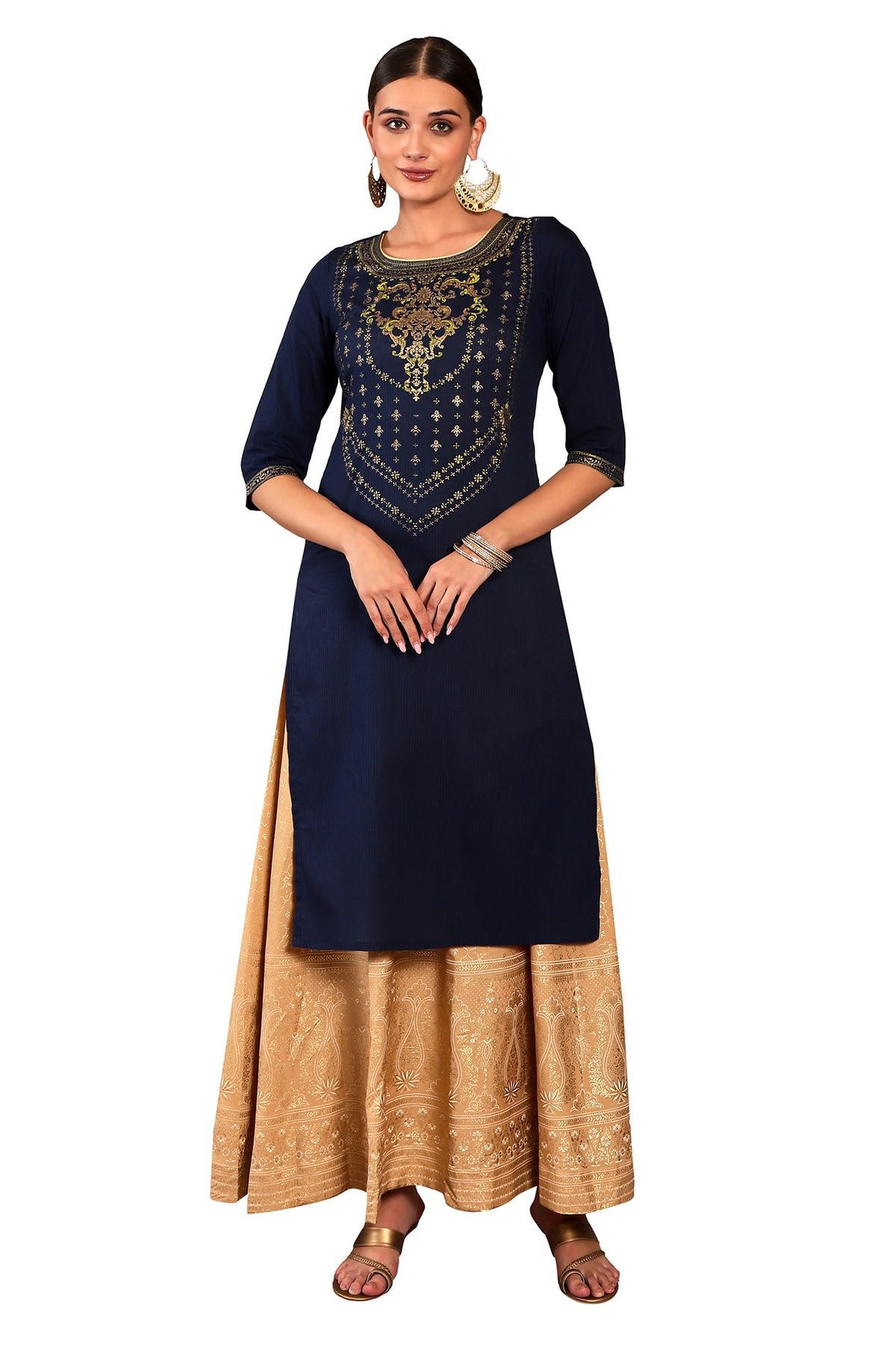 Aurelia Blue Foil Pattern Cotton Straight Long Kurta