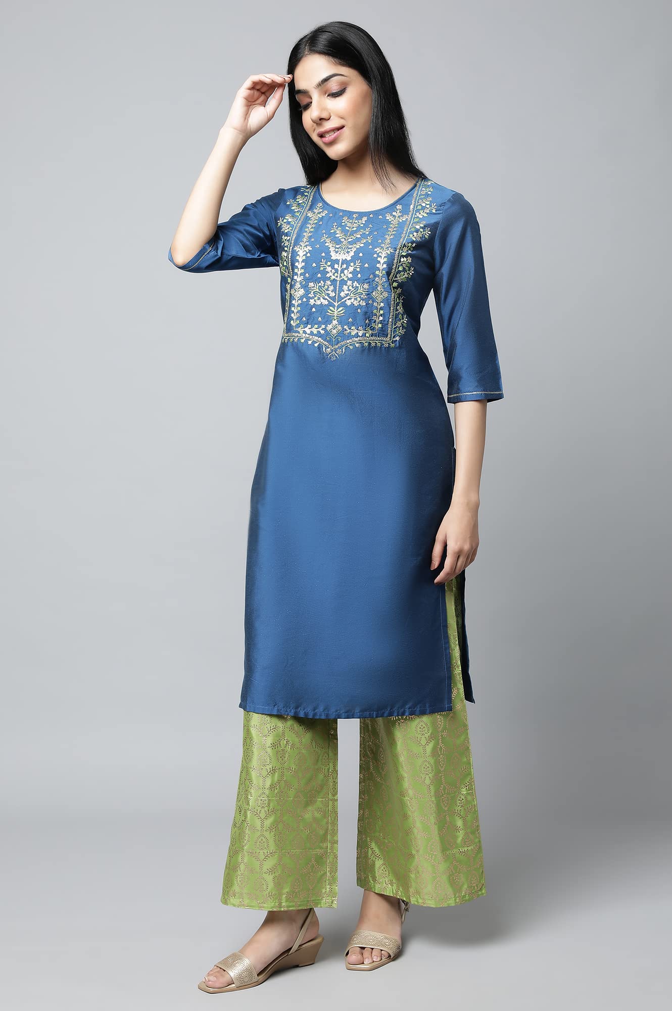 Aurelia WomenS Navy Embroidered Blend Regular Kurta
