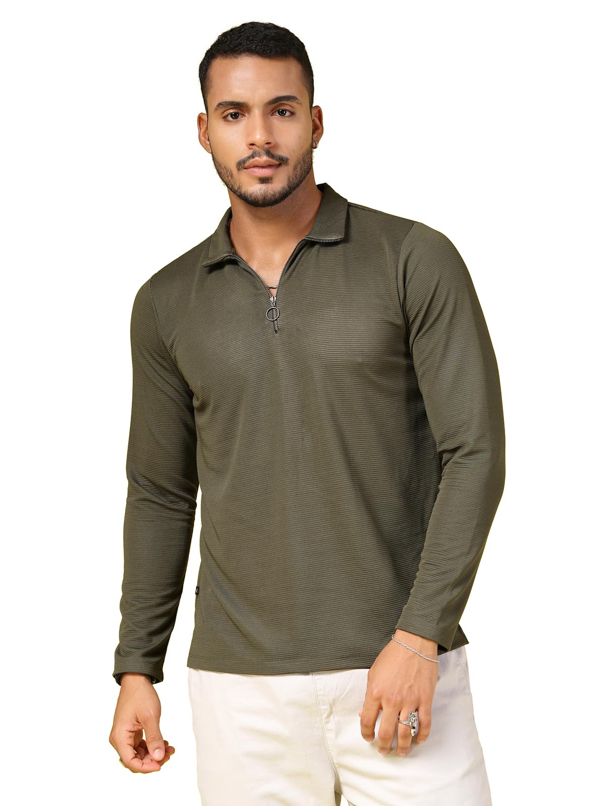 Rigo Polyester T-Shirt for Men | High Neck, Slim Fit T-Shirt for Men | Solid Casual T-Shirts Army Green