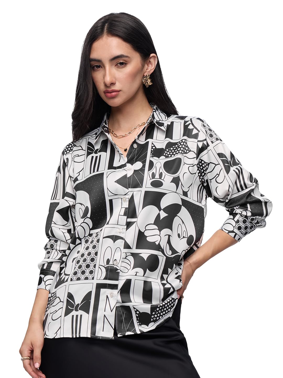 The Souled Store Official Mickey Mouse: Checkered Charm Women and Girls Long Sleeve Collared Neck All Over Print Button Front Re