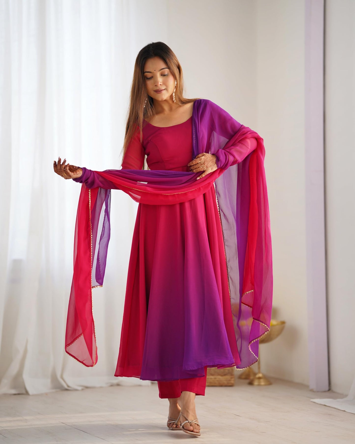 GoSriKi Georgette Anarkali Kurta Set for Women, Pink, Size 40, Includes Trousers and Dupatta, Model SADE-CLRS-GS