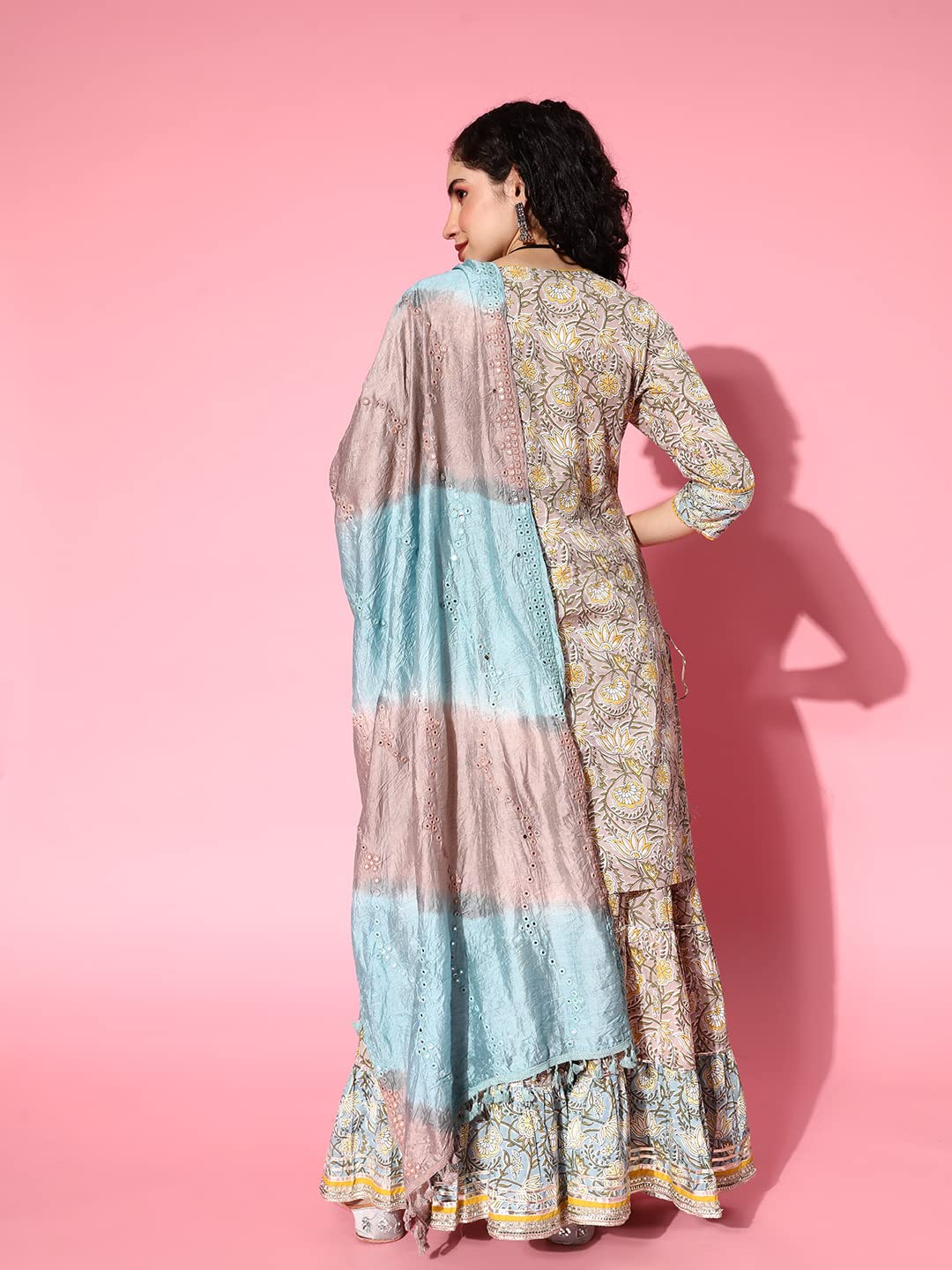 ishin Women's Cotton Multicolor Embroidered A-Line Kurta set with Sharara & Dupatta