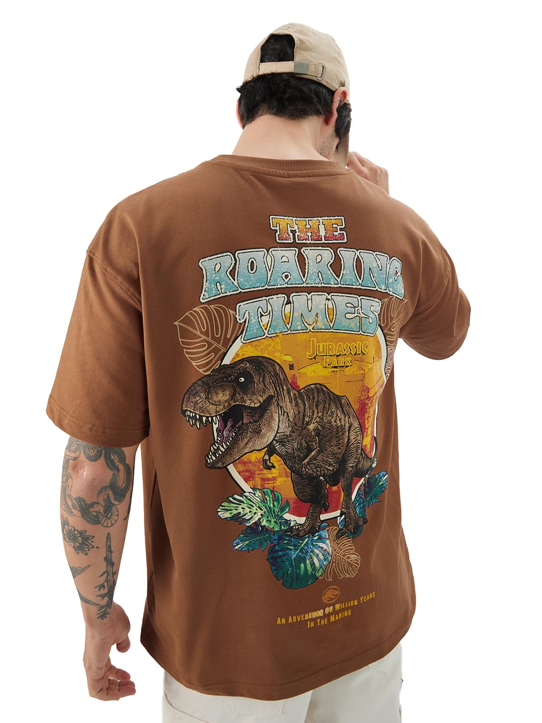 The Souled Store Official Jurassic Park: Roaring Times Men and Boys Short Sleeves Round Neck Brown Graphic Printed Cotton Oversi