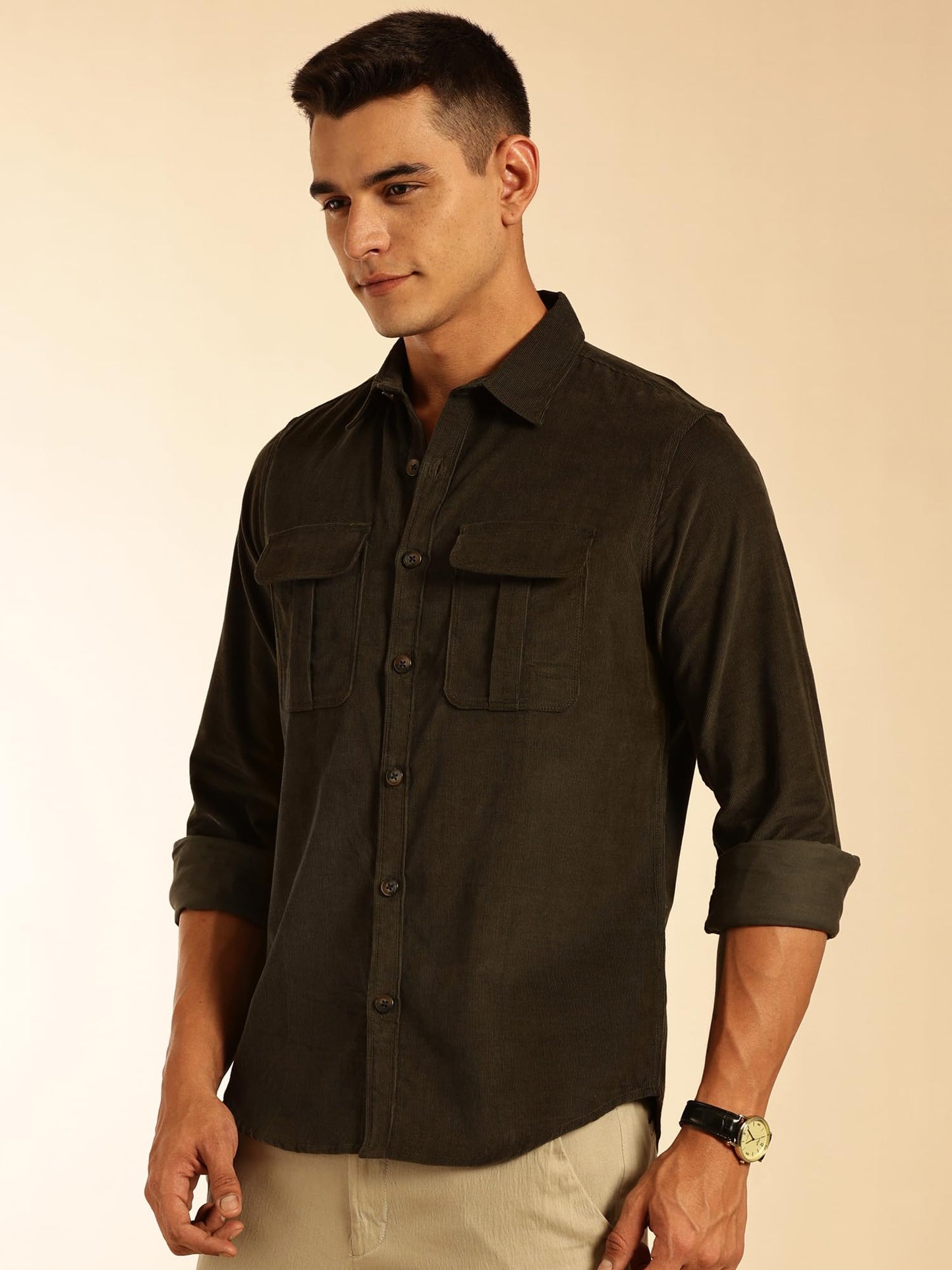 Thomas Scott Mens | Premium | Slim Fit | Long Sleeves | Spread Collar | Double Pocket | 100% Cotton | Corduroy | Casual | Shirt