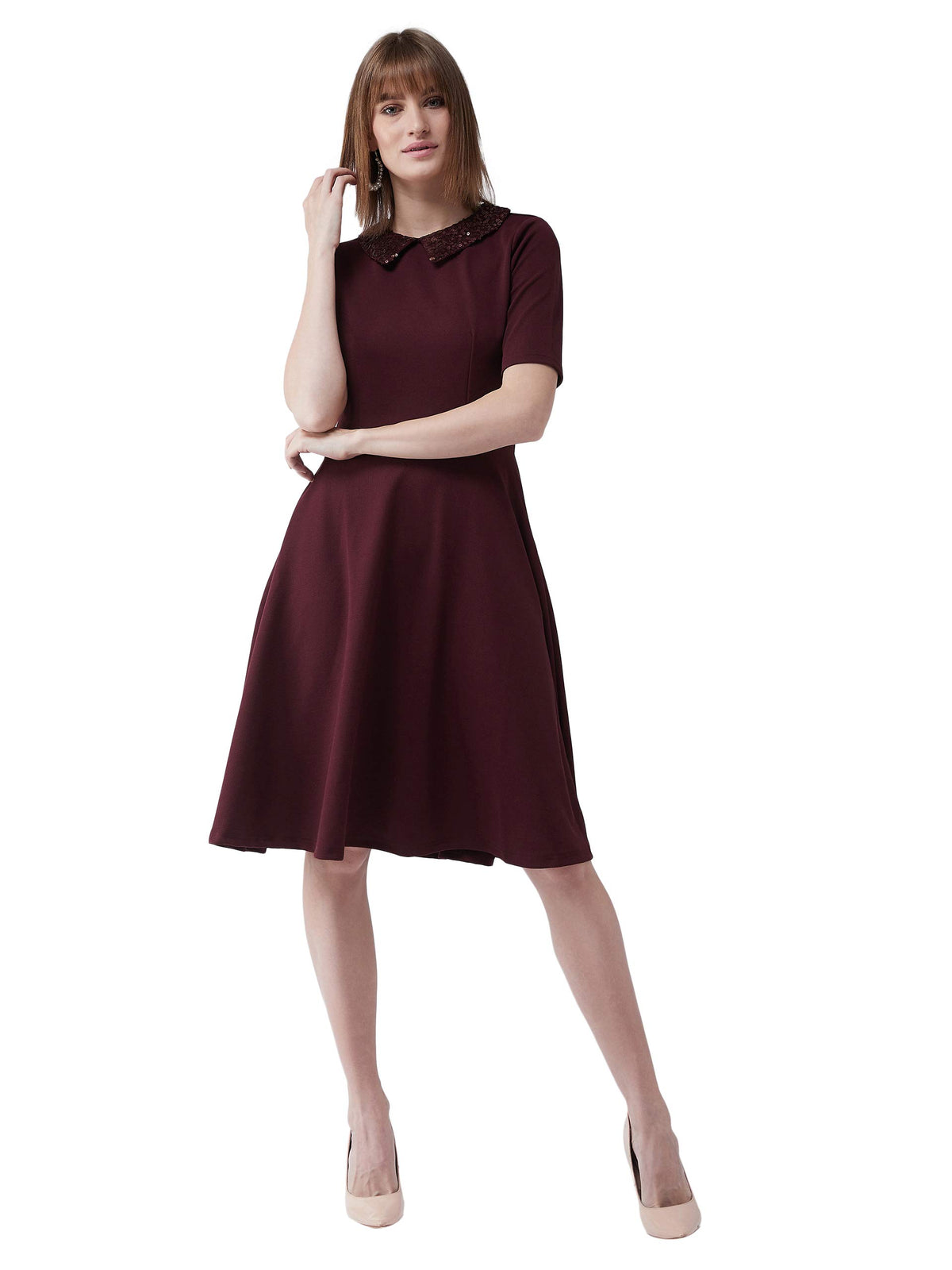 Miss Chase WomenS Wine Red Collared Round Neck Half Sleeve Solid Knee-Long Skater Dress With Buttoned Closure (Mcss20D99-43-184