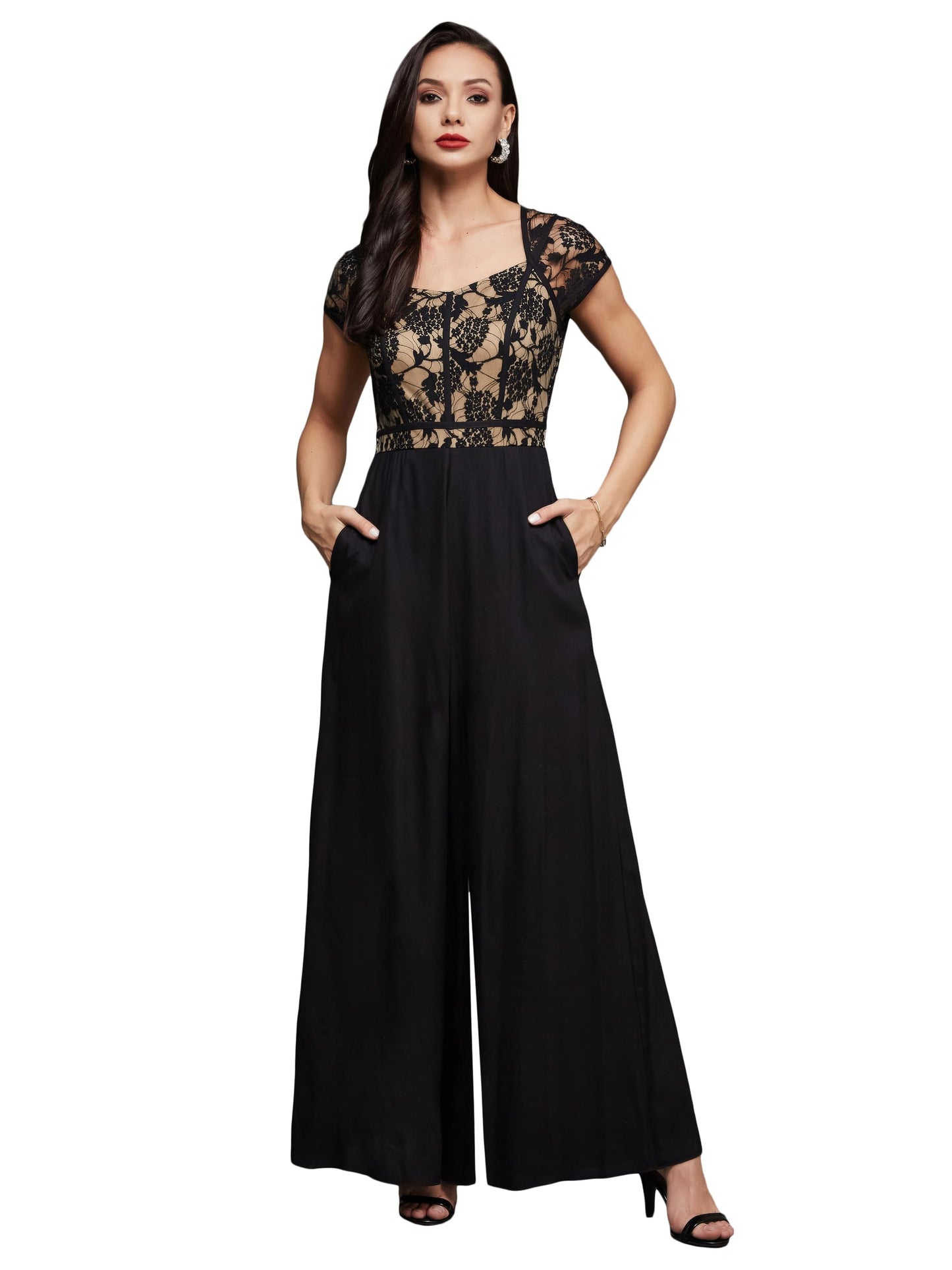 Miss Chase Womens Sweetheart Neck Raglan Sleeve Floral Lace Overlaid Regular Length Jumpsuit (MCSS25D93-14-381-06, Midnight Bla