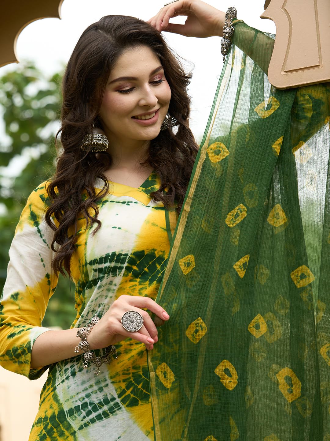 Gosriki WomenS Rayon Blend Straight Printed Kurta With Pant & Dupatta (Kerul Yellow-Gs_S_Yellow_Small)