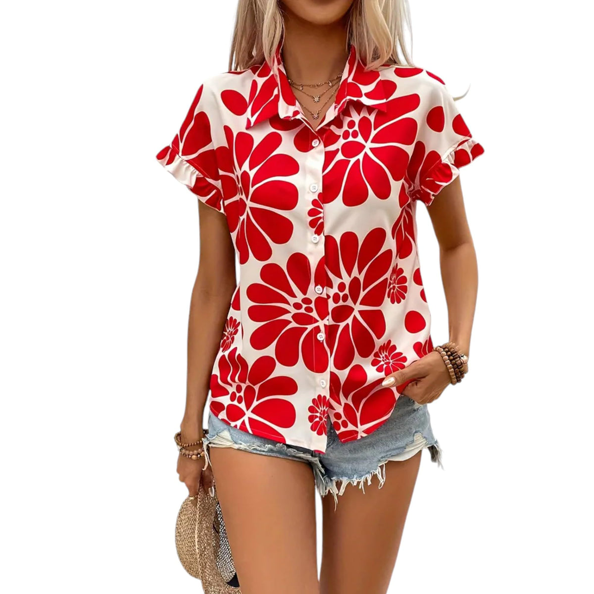 Gufrina Top For Women Stylish Western|Shirt Type Top|Half Sleeve|Fabric Rayon| Collar Neck | Floral Print Button Front Blouse|Ca