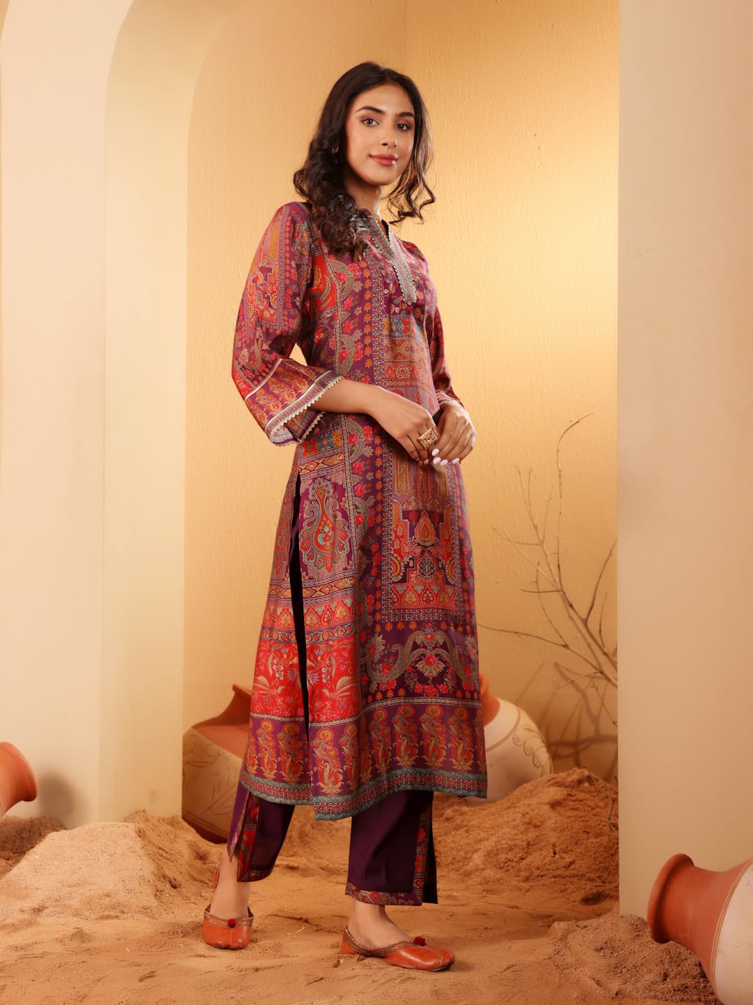 Varanga Women Pink Floral Printed Gota Embellished Flared Sleeve Kurta With Solid Trouser & Dupatta Elegant Ethnic Set