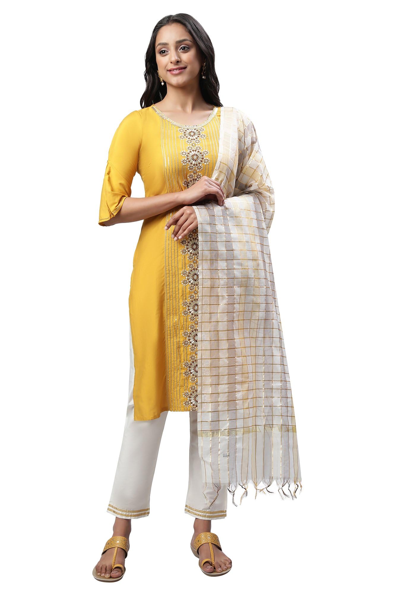 Mustard LIVA Embroidered Kurta with Trousers and Banarasi Dupatta